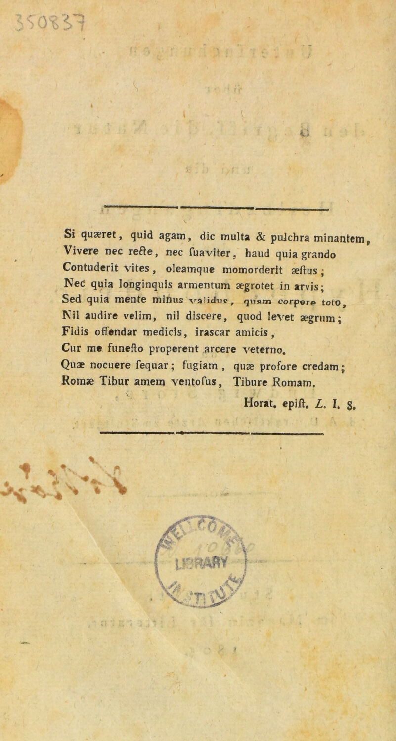 >Q%11 Si quaeret, quid agam, die multa & puJchra minantem, Vivere nec refte, nec fuaviter, haud quia grando Contuderit vites, olearnque momorderit aeftus • Ned quia longinquis armentum aegrotet in arvis; Sed quia ments minus vaiidnt, quam corpore toto, Nil audire velim, nil discere, quod Ievet aegrum; Fidis offendar medicis, irascar amicis, Cur me funefto properent arcere veterno. Quae nocuere fequar; fugiam , quae profore credam; Rom* Tibur amem ventofus, Tibure Romam.