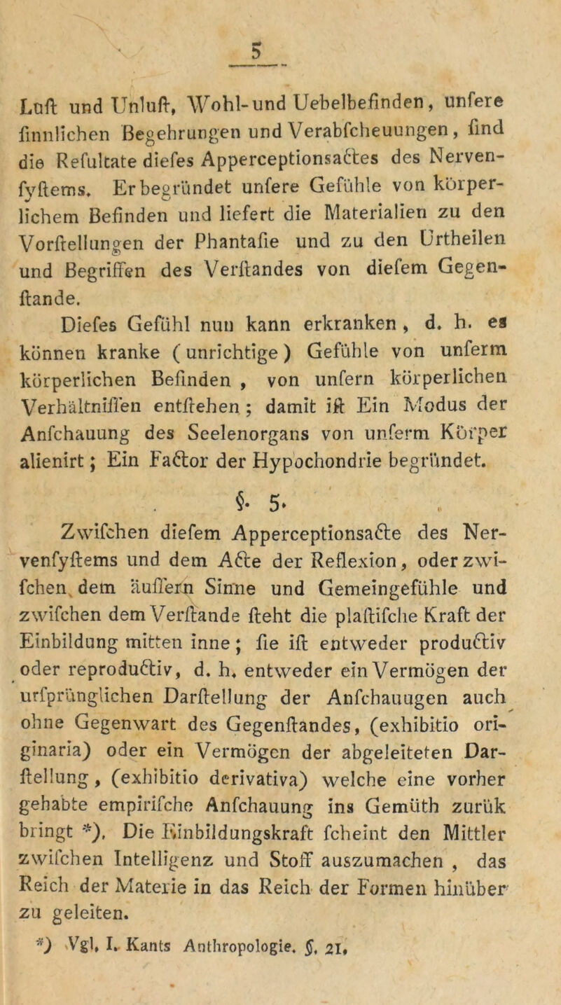 Loft und Unluft, Wohl-und Uebelbefinden, unfere finnlichen Begehrungen und Verabfcheuungen, find die Refultate diefes Apperceptionsaktes des Nerven- fyftems. Er begründet unfere Gefühle von körper- lichem Befinden und liefert die Materialien zu den Vorftellunocn der Phantafie und zu den ürtheilen und Begriffen des Versandes von diefem Gegen- ftande. Diefes Gefühl nun kann erkranken , d. h. es können kranke (unrichtige) Gefühle von unferm körperlichen Befinden , von unfern körperlichen VerhältniiTen entliehen ; damit ift Ein Modus der Anfchauung des Seelenorgans von unferm Küi’per alienirt; Ein Faktor der Hypochondrie begründet. §•5* * Zwifchen diefem Apperceptionsakte des Ner- venfyftems und dem Akte der Reflexion, oder zwi- fchen dem äußern Sinne und Gemeingefühle und zwifchen dem Verflande fleht die plaftifche Kraft der Einbildung mitten inne; fie ift entweder produktiv oder reproduktiv, d. h. entweder ein Vermögen der urfprünglichen Darflellung der Anfchauugen auch ohne Gegenwart des Gegenflandes, (exhibitio ori- ginaria) oder ein Vermögen der abgeleiteten Dar- flellung , (exhibitio derivativa) welche eine vorher gehabte empirifche Anfchauung ins Gemüth zurük bringt *), Die Einbildungskraft fcheint den Mittler zwifchen Intelligenz und Stoff auszumachen , das Reich der Materie in das Reich der Formen hinüber zu geleiten.