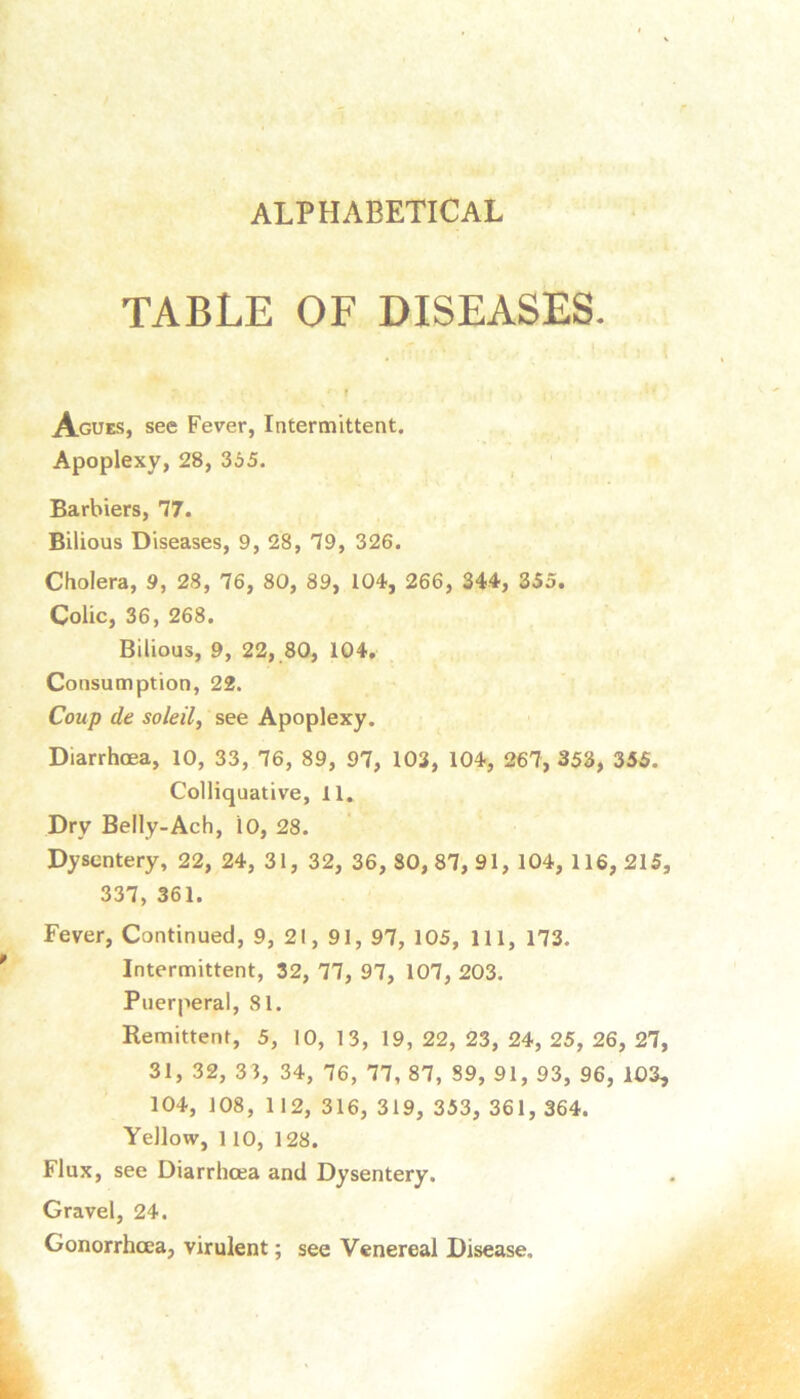 ALPHABETICAL TABLE OF DISEASES. Agues, see Fever, Intermittent. Apoplexy, 28, 365. Barbiers, 77. Bilious Diseases, 9, 28, 79, 326. Cholera, 9, 28, 76, 80, 89, 104, 266, 344, 355. Colic, 36, 268. Bilious, 9, 22, 80, 104. Consumption, 22. Coup de soleilf see Apoplexy. Diarrhoea, 10, 33, 76, 89, 97, 103, 104, 267, 358, 335. Colliquative, 11. Dry Belly-Ach, lO, 28. Dysentery, 22, 24, 31, 32, 36, 80,87,91, 104, 116,215, 337, 361. Fever, Continued, 9, 21, 91, 97, 105, 111, 173. Intermittent, 32, 77, 97, 107, 203. Puerperal, 81. Remittent, 5, 10, 13, 19, 22, 23, 24, 25, 26, 27, 31, 32, 31, 34, 76, 77, 87, 89, 91, 93, 96, 103, 104, 108, 112, 316, 319, 353, 361, 364. Yellow, 110, 128. Flux, see Diarrhoea and Dysentery. Gravel, 24. Gonorrhoea, virulent; see Venereal Disease.