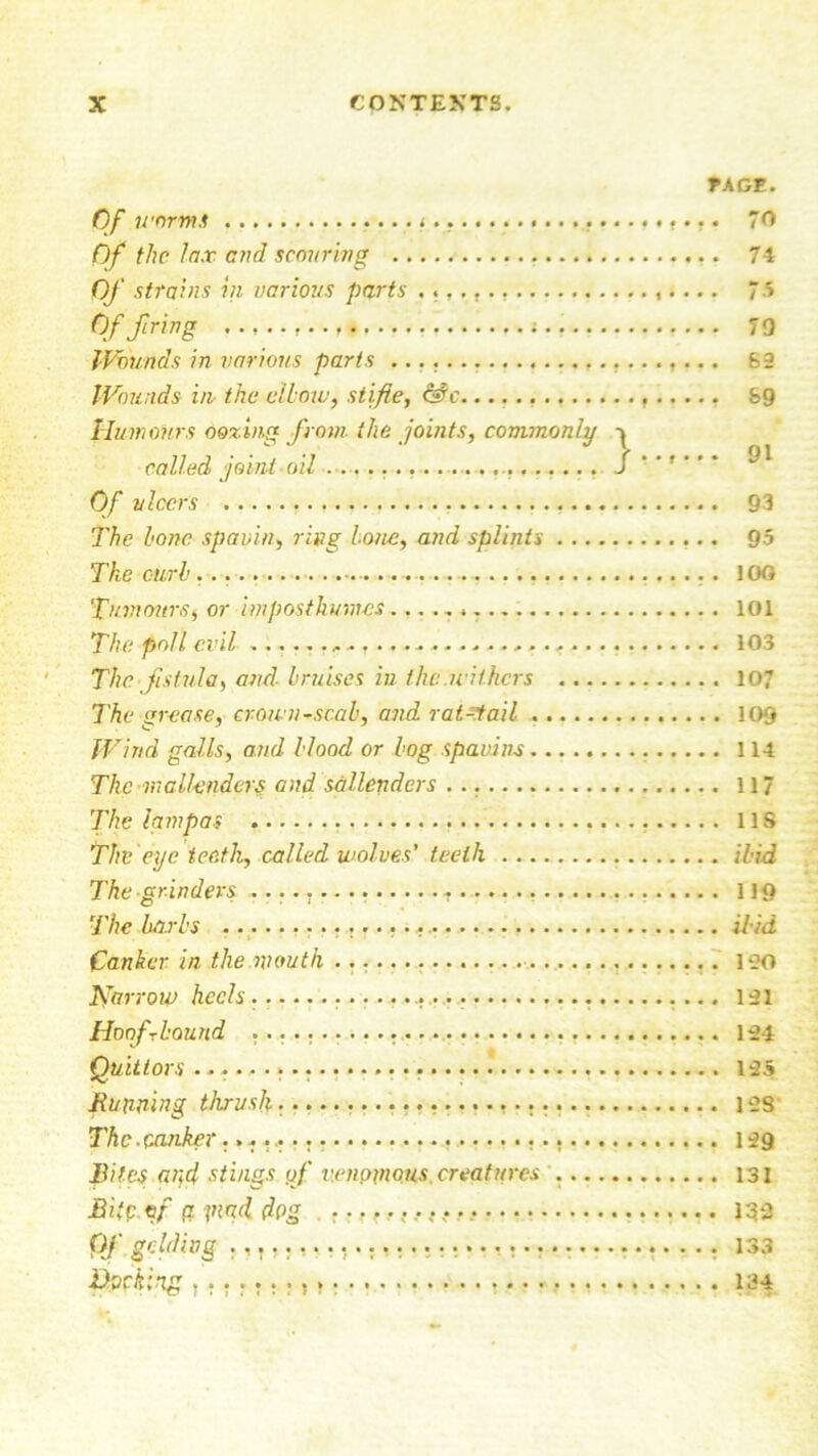 TAGE. Of worms , 70 Of the lax cml semiring 74 Of strains in various parts 7.S Of firing i 79 Wounds in various parts S3 Wounds in the elbow, stifle, &c feg Humours oozing from the joints, commonly called joint oil J *'f *' * Of ulcers 93 The bone spavin, ring lone, and splints 95 The curb 100 Tumours, or imposthumes 101 The poll evil ........... 103 The fistula, and bruises in the withers 107 The grease, crown-scab, and rat-tail 109 Wind galls, and blood or bog spavins 114 The mcllenders and sallenders 117 The lam pas 11S The eye teeth, called wolves' teeth ibid The grinders - 119 The barbs ibid 1 * • .. Canker in the mouth 120 Harrow heels 121 Hoof bound 124 Quitlors 12S Running thrush 12S The. canker....... r.. 139 Biles and stings pf venomous creatures 131 Bite tf ft jnqd dpg 132 ()f gelding .,,, .133 Docking 134