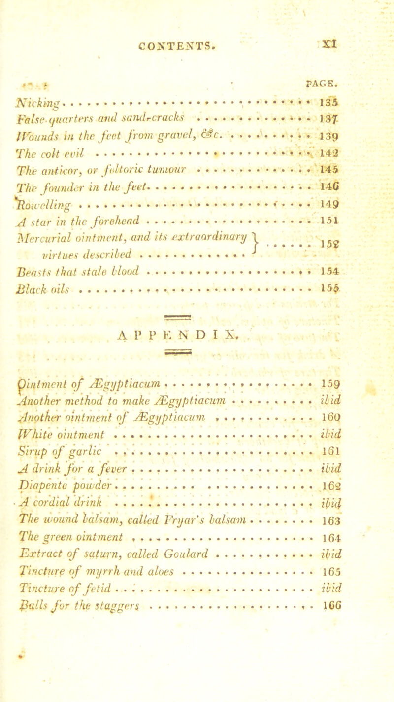 # * k 9 PAGE* Nicking 135 False-quarters and saiulrcracks 137. IFoi/uds in the feet from gravel, &c 139 The colt evil * • Vl42 The anticor, or fokoric tumour 145 The founder in the feet 146 *Rowelling 149 A star in the forehead 151 Mercurial ointment, and its extraordinary \ ^ virtues described ■* Beasts that stale blood » • 154 Black oils 155 APPENDIX. Ointment of JEgyptiacum 159 Another method to make JEgyptiacum ibid Another ointment of JEgyptiacum 16Q White ointment ibid Sirup of garlic . . lGl A drink for a fever ibid Diapente powder 162 • A ccn'dial drink .....' ibid The wound balsam, called Fryar's balsam 163 The green ointment 164 Extract of saturn, called Goulard ibid Tincture of myrrh and aloes 165 Tincture of fetid ibid flails for the staggers • ICG
