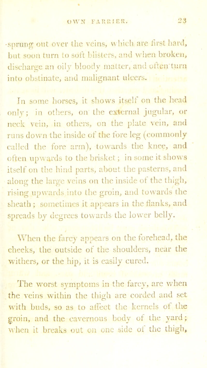 -sprung out over the veins, which are first hard, but soon turn to soft blisters, and when broken, discharge an oily bloody matter, and often turn into obstinate, and malignant ulcers. In some horses, it shows itself on the head only; in others, on the external jugular, or neck vein, in others, on the plate vein, and runs down the inside of the lore leg (commonly called the fore arm), towards the knee, and often upwards to the brisket; in some it shows itself on the hind parts, about the pasterns, and along the large veins on the inside of the thigh, rising upwards into the groin, and towards the sheath ; sometimes it appears in the flanks, and spreads by degrees towards the lower belly. When the farcy appears on the forehead, the cheeks, the outside of the shoulders, near the withers, or the hip, it is easily cured. The worst symptoms in the farcy, are when the veins within the thigh are corded and set with buds, so as to affect the kernels of the groin, and the cavernous body of the yard; when it breaks out on one side of the thigh.