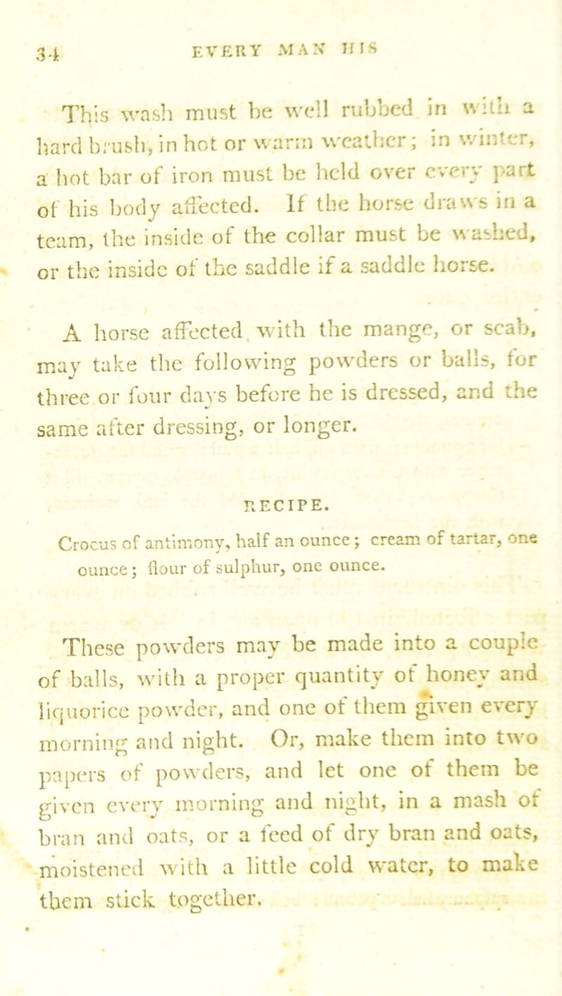 This wash must be well rubbed in with a hard brush, in hot or warm weather; in winter, a hot bar of iron must be held over every part of his body affected. If the horse draws in a team, the inside of the collar must be washed, or the inside of the saddle if a saddle horse. A horse affected , with the mange, or scab, may take the following powders or balls, for three or four days before he is dressed, and the same after dressing, or longer. RECIPE. Crocus of antimony, half an ounce; cream of tartar, one ounce; flour of sulphur, one ounce. These powders may be made into a couple of balls, with a proper quantity of honey and liquorice powder, and one of them given every morning and night. Or, make them into two papers of powders, and let one of them be riven every morning and night, in a mash of bran and oats, or a feed of dry bran and oats, moistened with a little cold water, to make them stick together.