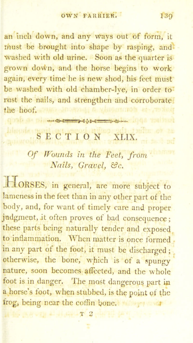 an inch down, and any ways out of form, it must be brought into shape by rasping, and washed with old urine. Soon as the quarter is grown down, and the horse begins to work again, every time he is new shod, his feet must be washed with old chamber-lve, in order to rust the nails, and strengthen and corroborate the hoof. SECTION XLIX. Of 1 Founds in the Feet, from Nails, Gravel, &c. lioRSES, in general, are more subject to lameness in the feet than in any other part of the body, and, for want of timely care and proper judgment, it often proves of bad consequence; these parts being naturally tender and exposed to inflammation. When matter is once formed in any part of the foot, it must be discharged ; otherwise, the bone, which is of a spungy nature, soon becomes affected, and the whole foot is in danger. The most dangerous part in a horse’s foot, when stubbed, is the point of the frog, being near the coffin bone. t t 2
