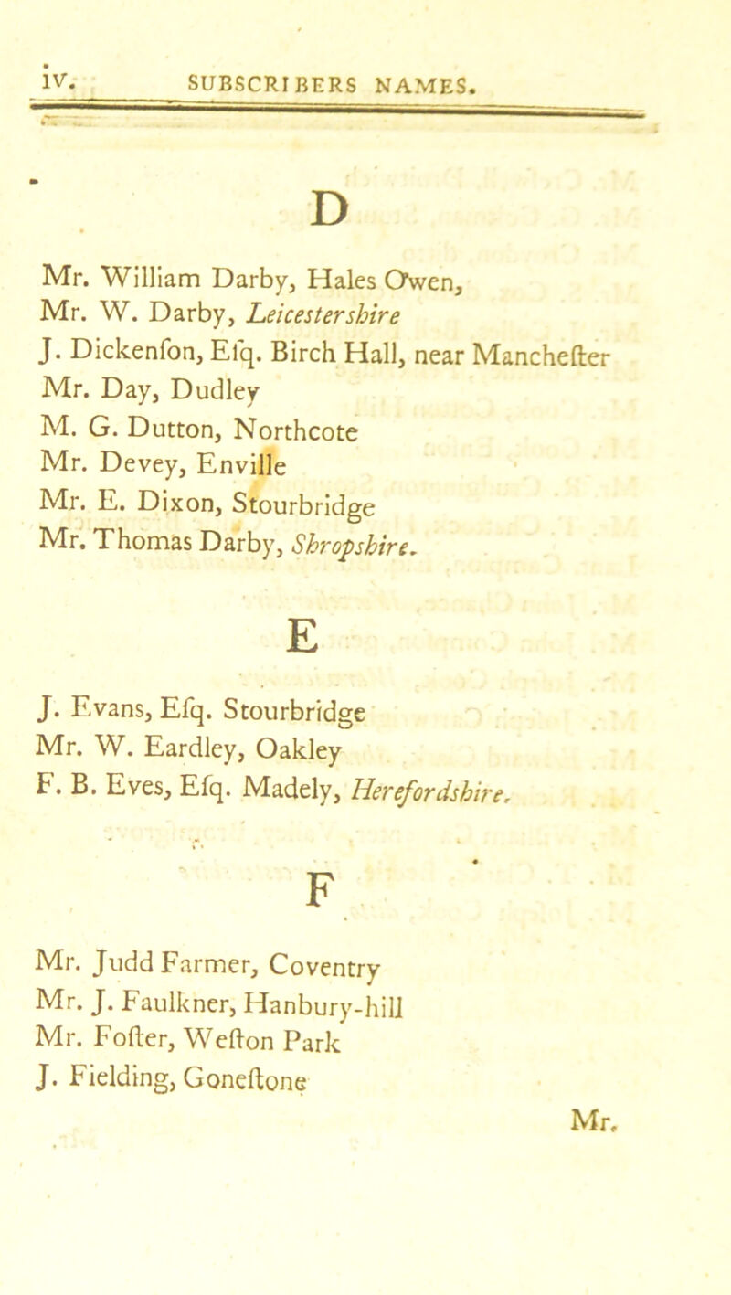 D Mr. William Darby, Hales Owen, Mr. W. Darby, Leicestershire J. Dickenfon, Efq. Birch Hall, near Manchefter Mr. Day, Dudley M. G. Dutton, Northcote Mr. Devey, Enville Mr. E. Dixon, Stourbridge Mr. Thomas Darby, Shropshire. E J. Evans, Efq. Stourbridge Mr. W. Eardley, Oakley F. B. Eves, Efq. Madely, Herefordshire. F Mr. Judd Farmer, Coventry Mr. J. Faulkner, Hanbury-hill Mr. Fofter, Wefton Park J. Fielding, Goneftone