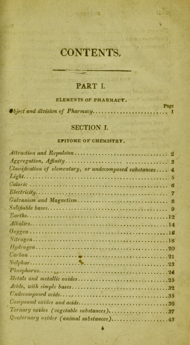 CONTENTS. PART r. elements of pharmacy. Page Object and division of Pharmacy 1 SECTION I. EPITOME OF CHEMISTRY. Attraction and Repulsion . 2 Aggregation, Affinity 3 Classification of elementary, or undecomposed substances.... 4 Light 5 Caloric 6 Electricity 7 Galvanism and Magnetism S Salifiable bases 9 Earths 12 Alkalies 14 Oxygen .. .. i 16 Nitrogen . j g Hydrogen .. .' 20 Carbon ^ 21 Sulphur % i 23 Phosphorus 24 Metals and metallic oxides 25 Acids, with simple bases fJndecomposed acids. Compound oxides and acids 3Q Ternary oxides (vegetable substances) 37 Quaternary oxides (animal substances) 43 *