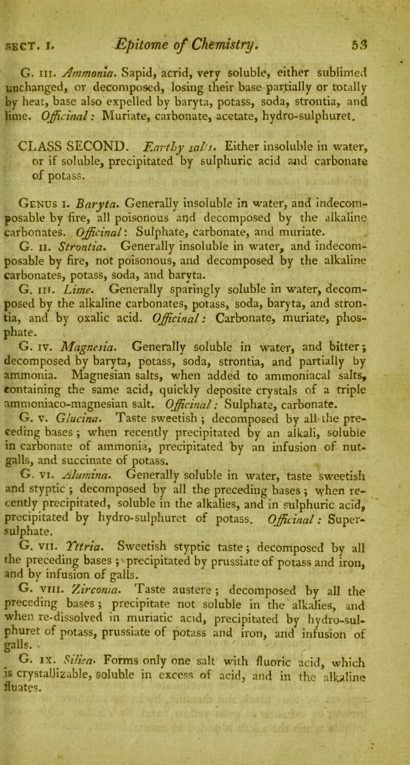 G. hi. Ammonia. Sapid, acrid, very soluble, either sublimed unchanged, or decomposed, losing their base partially or totally by heat, base also expelled by baryta, potass, soda, strontia, and lime. Officinal; Muriate, carbonate, acetate, hydro-sulphuret. CLASS SECOND. Earthy sals. Either insoluble in water, or if soluble, precipitated by sulphuric acid and carbonate of potass. Genus i. Baryta. Generally insoluble In water, and indecom- posable by fire, all poisonous and decomposed by the alkaline carbonates. Officinal i Sulphate, carbonate, and muriate. G. ii. Strontia. Generally insoluble in water, and indecom- posable by fire, not poisonous, and decomposed by the alkaline carbonates, potass, soda, and baryta. G. in. Lime. Generally sparingly soluble in water, decom- posed by the alkaline carbonates, potass, soda, baryta, and stron- tia, and by oxalic acid. Officinal: Carbonate, muriate, phos- phate. G. iv. Magnesia. Generally soluble in water, and bitter; decomposed by baryta, potass, soda, strontia, and partially by ammonia. Magnesian salts, when added to ammoniacal salts, containing the same acid, quickly deposite crystals of a triple nmmoniaco-magnesian salt. Officinal: Sulphate, carbonate. G. v. Glucina. Taste sweetish ; decomposed by all-the pre- ceding bases ; when recently precipitated by an alkali, soluble in carbonate of ammonia, precipitated by an infusion of nut- galls, and succinate of potass. G. vi. Alumina. Generally soluble in water, taste sweetish and styptic ; decomposed by all the preceding bases ; \yhen re- cently precipitated, soluble in the alkalies, and in sulphuric acid, precipitated by hydro-sulphuret of potass. Officinal: Super- sulphate. G. vil. T'ttria. Sweetish styptic taste; decomposed by all the preceding bases precipitated by prussiateof potass and iron, and by infusion of galls. G. viii. Zirconia. Taste austere ; decomposed by all the preceding bases; precipitate not soluble in the alkalies, and when re-dissolved in muriatic acid, precipitated by hydro-sul- phuret of potass, prussiate of potass and iron, and infusion of galls. . G. ix. Silica■ Forms only one salt with fluoric acid, which is crystallizable, soluble in excess of acid, and in the alkaline fluates.