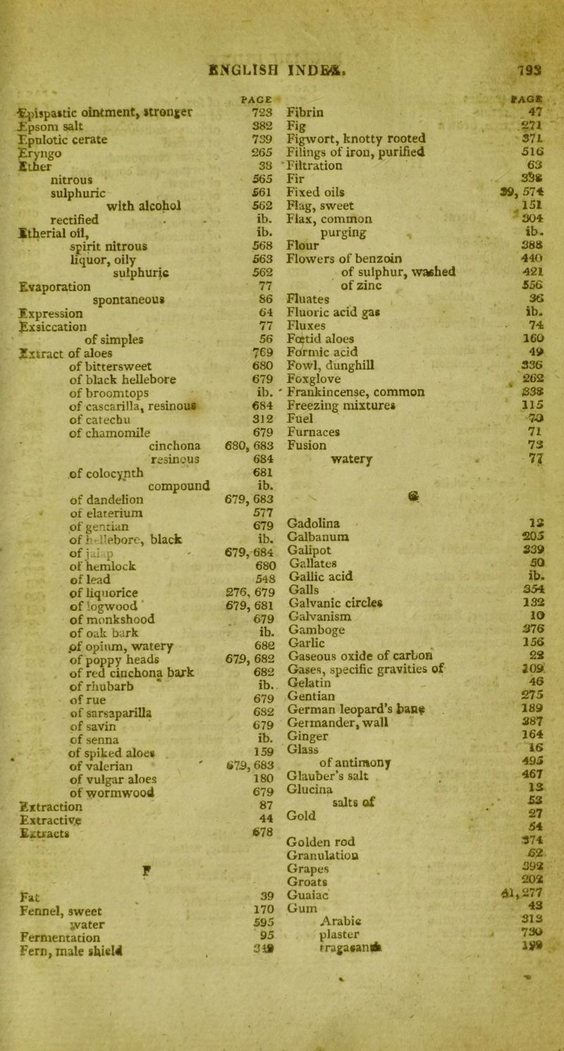ENGLISH Epispastic ointment, stronger PACE 72s Epsom salt 382 F.pulotic cerate 739 Eryngo 265 Ether 38 nitrous 565 sulphuric 561 with alcohol 562 rectified ib. Itherial oil. ib. spirit nitrous 568 liquor, oily 563 sulphuric 562 Evaporation 77 spontaneous S6 Expression 6* Exsiccation 77 of simples 56 Extract of aloes 769 of bittersweet 680 of black hellebore 679 of broomtops ib. of cascarilla, resinous 684 of catechu 312 of chamomile 679 cinchona 680, 683 resinous 684 of colocynth 681 compound ib. of dandelion 679, 683 oi elaterium 577 of gentian 679 of h-Upbore, black ib. of jaiap 679, 684 of hemlock 680 of lead 548 of liquorice 276. 679 of logwood 679, 681 of monkshood 679 of oak bark ib. pf opium, watery 682 of poppy heads 679, 682 of red cinchona bark 682 of rhubarb ib. of rue 679 of sarsaparilla 682 of savin 679 of senna ib. of spiked aloes 159 of valerian 679,683 of vulgar aloes 180 of wormwood 679 Extraction 87 Extractive 44 Extracts 678 F Fat 39 Fennel, sweet 170 water 595 Fermentation 95 Fern, male shield 319 INDB&. 793 PACE Fibrin 47 Fig 271 Figwort, knotty rooted 371 Filings of iron, purified 516 Filtration 63 Fir 35K Fixed oils 39, 574 Flag, sweet ,151 Flax, common 304 purging , ib. Flour 388 Flowers of benzoin 440 of sulphur, wached 421 of zinc 556 Fluates 36 Fluoric acid gas ib. Fluxes 74 Foetid aloes ICO Formic acid 49 Fowl, dunghill 336 Foxglove 262 Frankincense, common 338 Freezing mixtures 115 Fuel 7-0 Furnaces 71 Fusion 73 watery Tf • N. & Gadolina 13 Galbanum 205 Galipot 339 Gallates 50 Gallic acid ib. Galls 354 Galvanic circle* 132 Galvanism 10 Gamboge 376 Garlic 156 Gaseous oxide of carbon 22 Gases, specific gravities of 109 Gelatin 46 Gentian 275 German leopard’s ban? 189 Germander, wall 387 Ginger 164 Glass 16 of antimony 495 Glauber’s salt 467 Glucina 13 salts of 53 Gold 27 54 Golden rod 374 Granulation 62 Grapes 392 Groats 202 Guaiac 41,277 Gum 43 Arabic 313 plaster 730 rragacantfi 199