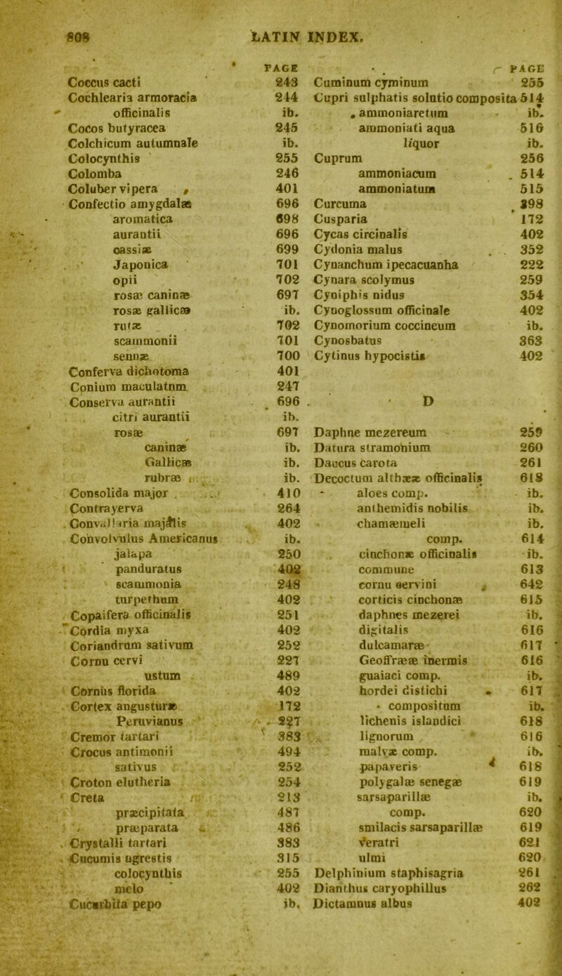 • TAGE • . r PAGE Coccus cacti 243 Cuminum cyminum 255 Cochlearia armoracia 244 Cupri sulphatis solntio composita 514 ' officinalis ib. . ammoniaretum ib. Cocos bufyracea 245 ainmoDiati aqua 516 Colchicum autumnale ib. liquor ib. Colocynthis 255 Cuprum 256 Colomba 246 ammoniacum . 514 Coluber vipera , 401 ammoniatum 515 Confectio amygdala* 696 Curcuma 398 aromatica 698 Cusparia 172 aurantii 696 Cycas circinalis 402 oassise 699 Cydonia malus . . 352 Japonic* 101 Cyuanchum ipecacuanha 222 opii 102 Cynara scolymus 259 rosa; canin* 697 Cynipbis nidus 354 rosse gallic® ib. Cynoglossum officinale 402 rut as 702 Cynoinorium coccineum ib. scaumionii 701 Cynosbatus 363 sennas 700 Cytinus hypocistis 402 Conferva dichotoma 401 Coniura maeulatnm 247 Conserva aurantii 696 D citri aurantii ib. rosse 697 Daphne mezereum 259 can in* ib. Datura stramonium 260 Gallic* ib. Daucus carota 261 rubrae v ib. Decoctum altbseae officinalis 6(8 Consolida major 410 aloes comp. ib. Confrayerva 264 antbemidis nobilis ib. Convalhria majftlis 402 chamaeiueli ib. Convolvulus Americanus ib. couip. 614 jalapa 250 cinchonx officinalis ib. panduratus 402 commune 613 scamnionia 248 cornu aervini j 642 turpethum 402 corticis cinchonas 615 Copaifera officinalis 251 daphnes mezerei ib. 'Cordia myxa 402 digitalis 616 Conundrum sativum 252 dulcamaras- 617 Cornu ccrvi 227 Geoffrasae inermis 616 ustum 489 guaiaci comp. ib. Corniis florida 402 hordei riistichi - 617 Cortex angustur* 172 • compositnm ib. Peruvianus a . S?7 lichenis islandici 618 Cremor tartari ' 383 lignorum 616 Crocus antimonii 494 malvx comp. ib. sativus 252 papaveris ^ 618 Croton elutheria 254 polygal* seneg® 619 Creta ■ iw ■ 213 sarsaparilla; ib. prxcipitafa 487 comp. 620 prasparata l 486 smilacis sarsaparilla; 619 . Crystalli tartari 383 v’eratri 621 Cucumis ugrestis 315 ulmi 620 colocynthis 255 Delphinium stapbisagria 261 melo 402 Dianthus caryophillus 262