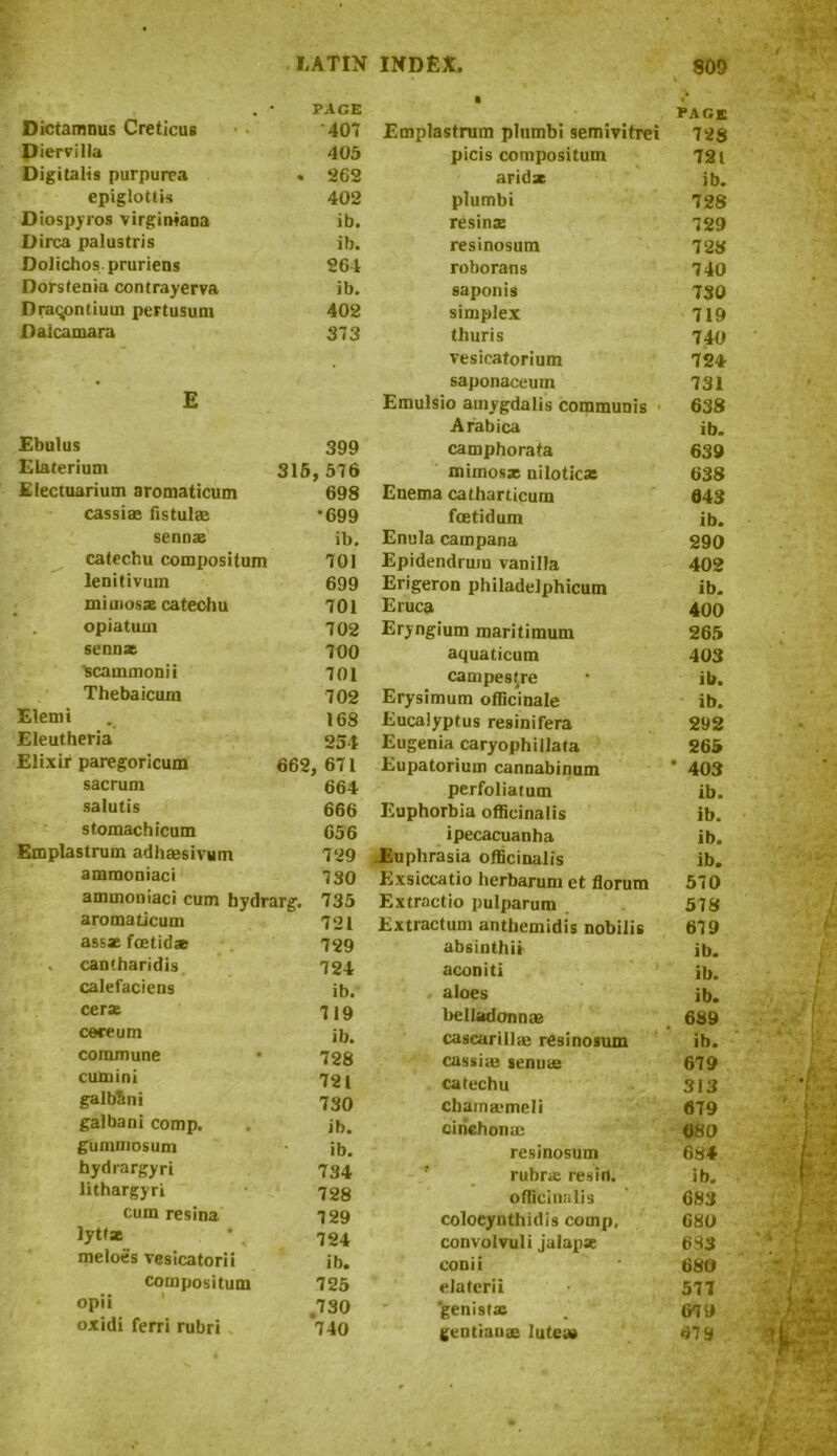 . ' PAGE page Dictamnus Creticus 407 Emplastrum plumbi semivitrei 728 Diervilla 405 picis compositum 721 Digitalis purpurea • 262 arid* ib. epiglottis 402 plumbi 728 Diospyros virginiana ib. resin* 729 Dirca palustris iti. resinosurn 728 Dolichos.pruriens 264 roborans 740 Dors tenia contrayerva ib. saponis 730 Draqontium pertusum 402 simplex 719 Daicamara 373 thuris 740 vesicatorium 724 - • saponaceum 731 E Emulsio amygdalis communis 638 Arabica ib. Ebulus 399 camphorata 639 Elaterium 316 , 576 mimosa niloticas 638 Electuarium aromaticum 698 Enema catharticum 643 cassias fistulas •699 fcetidum ib. sennas ib. Enula campana 290 catechu compositum 701 Epidendrum vanilla 402 lenitivmn 699 Erigeron philadelphicum ib. mimosa catechu 701 Eruca 400 opiatum 702 Eryngium maritimum 265 sennas 700 aquaticum 403 scammonii 701 campesfre ib. Thebaicum 702 Erysimum officinale ib. Elemi 168 Eucalyptus resinifera 292 Eleutheria 254 Eugenia caryophillata 265 Elixir paregoricum 662 , 671 Eupatorium cannabinum * 403 sacrum 664 perfoliatum ib. salutis 666 Euphorbia officinalis ib. stomachicum 656 ipecacuanha ib. Emplastrum adhmsivum 729 Euphrasia officinalis ib. ammoniaci 730 Exsiccatio herbarum et florum 570 ammoniaci cum bydrarg. 735 Extractio pulparum 578 aromaticum 721 Extractum antbemidis nobilis 679 assas foetid* 729 absinthi* ib. > cantharidis 724 aeon iti ib. calefaciens ib. aloes ib. ceras 719 belladonnas 689 cereum ib. cascarilla: resinosurn ib. commune 728 cassiae senme 679 cumini 721 catechu 313 galbani 730 chainaimeli 679 galbani comp. ib. cirichomc (180 gummosum ib. resinosurn 684 hydrargyri 734 rubr* resirt. ib. lithargyri 728 officinalis 683 cum resina 729 coloeynthidis comp, 680 lytfse „ 724 convolvuli jalap* 683 meloes vesicatorii ib. conii 680 compositum 725 elaterii 577 opii .730 'genista; G70 oxidi ferri rubri 740 gentian* lute* 67 8