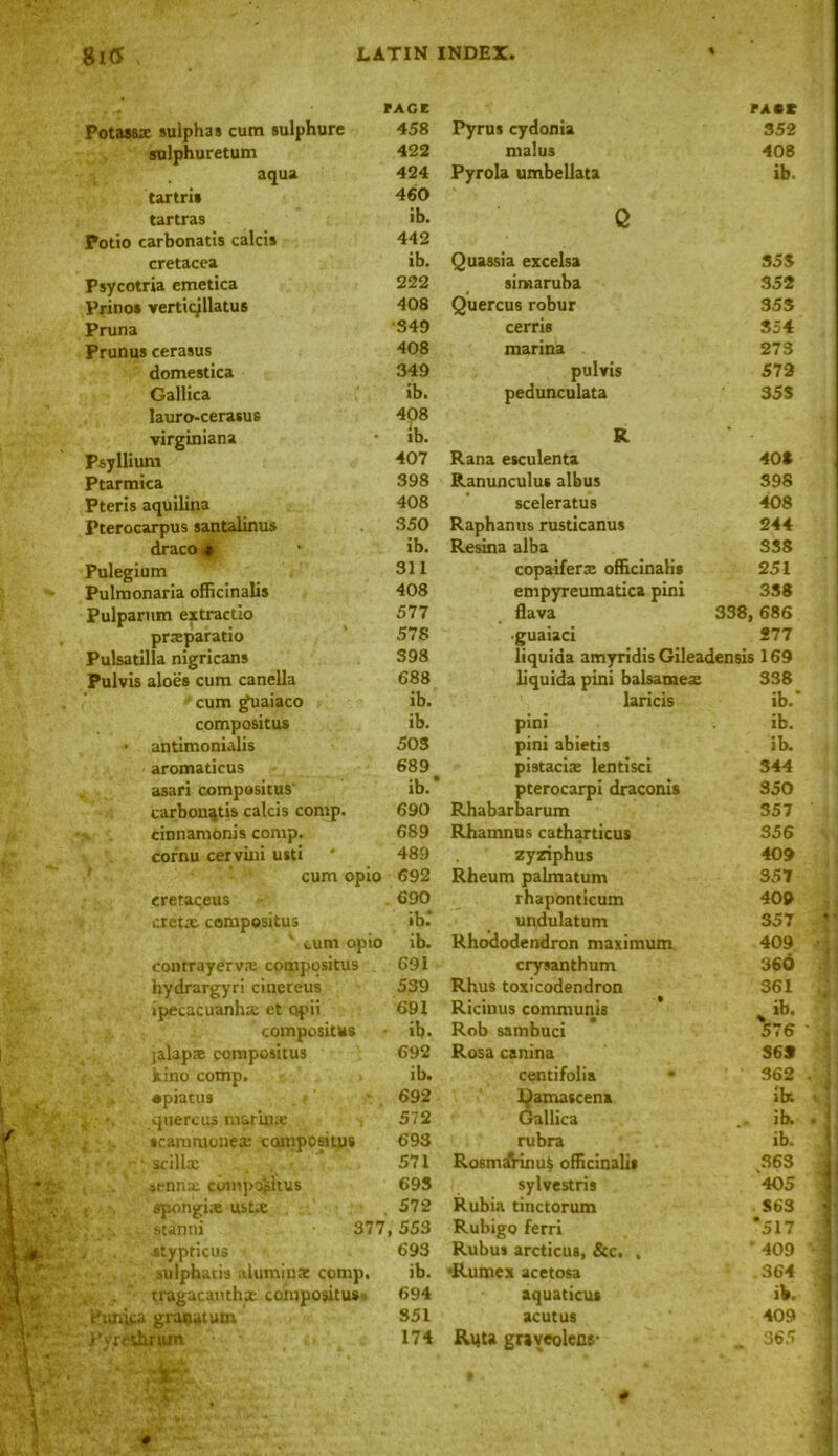 PAGE Potass® sulphas cum sulphure 458 sulphuretum 422 aqua 424 tartris 460 tartras ib. Potio carbonatis calcis 442 cretacea ib. Fsycotria emetica 222 Prinos verticjllatus 408 Pruna 349 Prunus cerasus 408 domestica 349 Gallica ib. lauro-cerasus 4p8 virginiana • ib. Psyllium 407 Ptarmica 398 Pteris aquilina 408 Pterocarpus santalinus 350 draco ib. Pulegium 311 Pulmonaria officinalis 408 Pulparum extractio 577 pneparatio 578 Pulsatilla nigricans 398 Pulvis aloes cum canella 688 cum guaiaco ib. compositus ib. • antimonialis 503 aromaticus 689 asari compositus' ib. carbonatis calcis comp. 690 cinnamonis comp. 689 cornu cer villi usti * 489 cum opio 692 eretaceus 690 cret® compositus ib. ' turn opio ib. contrayerv® compositus 691 hydrargyri cineteus 539 ipecac uanh® et qpii 691 compositus ib. jalap® compositus 692 kino comp. ib. upiatus 692 j quercus marip® 572 . scamruone® compositus 693 • - • scill® 571 senn® compositus 693 ! epongi® ust® 572 stanni 377,553 , stypticus 693 sulphatis alumina: comp. ib. , tragacanth® compositus 694 t'unit a granutum 351 Pytethrum 174 * Pyrus cydonia PACE 352 malus 408 Pyrola umbellata ib. Q Quassia excelsa 353 simaruba 352 Quercus robur 353 cerris 354 marina 273 pulvis 573 pedtmculata 35$ R Rana esculenta 40* Ranunculus albus 398 sceleratus 408 Raphanus rusticanus 244 Resina alba 338 copaifer® officinalis 251 empyreumatica pini 338 flava 338, 686 ■guaiaci 277 liquida amyridis Gileadensis 169 liquida pini balsame® 338 laricis ib.* pini ib. pini abietis ib. pistaci® lentisci 344 pterocarpi draconis 350 Rhabarbarum 357 Rhamnus catharticus 356 zyziphus 409 Rheum palmatum 357 rhaponticum 409 undulatum 357 Rhododendron maximum. 409 crysanthum 360 Rhus toxicodendron 361 Ricinus communis %ib. Rob sambuci 576 Rosa canina 369 centifolia 362 Damascene ib: Gallica ib. rubra ib. Rosmarinus officinalis v36S sylvestris 405 Rubia tinctorum S63 Rubigo ferri *517 Rubus arcticus, &c. . ' 409 •Rumex acetosa 364 aquaticus ib. acutus 409 Riita graveolens- _ 365