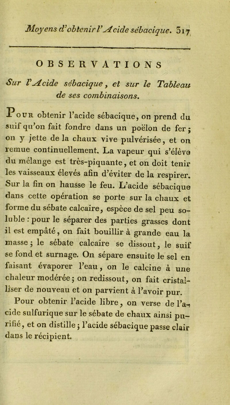 OBSERVATIONS Sur V ^4 eide sébacique, ££ sur le Tableau de ses combinaisons. Pour obtenir l’acide sébacique, on prend du suif qu’on fait fondre dans un poêlon de fer ; on y jette de la chaux vive pulvérisée, et 011 remue continuellement. La vapeur qui s’éleva du mélange est très-piquante, et on doit tenir les vaisseaux eleves afin d’eviter de la respirer. Sur la fin on hausse le feu. L'acide sébacique dans cette operation se porte sur la chaux et foi me du sebate calcaire, espece de sel peu so— lubie : pour le séparer des parties grasses dont il est empâte, on fait bouillir a grande eau la masse j le sébate calcaire se dissout, le suif se fond et surnage. On sépare ensuite le sel en faisant évaporer l’eau, on le calcine à une chaleur modérée ; on redissout, on fait cristal- liser de nouveau et on parvient à l’avoir pur. Pour obtenir l’acide libre, on verse de Fa-» eide sulfurique sur le sébate de chaux ainsi pu- rifié, et on distille j l’acide sébacique passe clair dans le récipient.