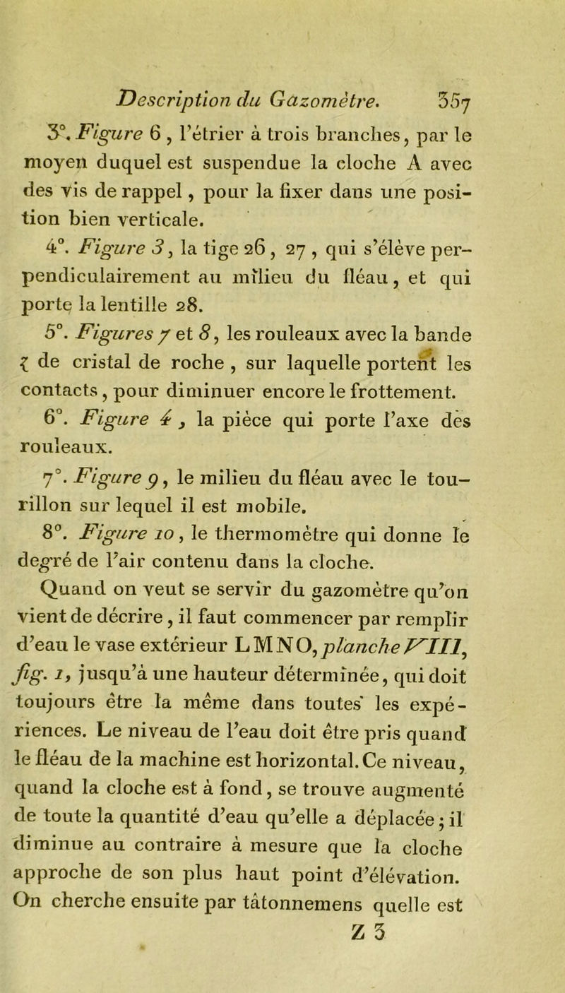 3°. Figure 6 , l’étrier à trois branches, par le moyen duquel est suspendue la cloche A avec des vis de rappel, pour la fixer dans une posi- tion bien verticale. 4°. Figure 3, la tige 26, 27 , qui s’élève per- pendiculairement au milieu du fléau, et qui porte la lentille 28. 5°. Figures / et 8, les rouleaux avec la bande l de cristal de roche , sur laquelle portent les contacts, pour diminuer encore le frottement. 6°. Figure 4 , la pièce qui porte l’axe des rouleaux. 70. Figure p y le milieu du fléau avec le tou- rillon sur lequel il est mobile. 8°. Figure 10, le thermomètre qui donne le deg'réde flair contenu dans la cloche. Quand on veut se servir du gazomètre qu’on vient de décrire, il faut commencer par remplir d’eau le vase extérieur L M NO,planche jig. 1, jusqu’à une hauteur déterminée, qui doit toujours être la meme dans toutes' les expé- riences. Le niveau de l’eau doit être pris quand le fléau de la machine est horizontal.Ce niveau, quand la cloche est à fond, se trouve augmenté de toute la quantité d’eau qu’elle a déplacée ; il diminue au contraire à mesure que la cloche approche de son plus haut point d’élévation. On cherche ensuite par tâtonnemens quelle est Z 3