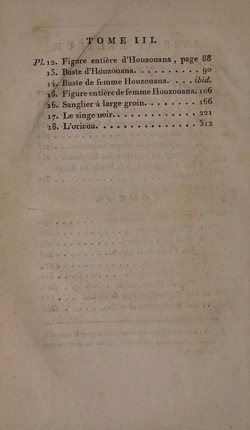 Pour ITL Fi Fr: entière d’Houzouana , page 86. Büste d'Héuzona NUE Li, LE COTON Buste de femme Houzouana. . . . 1bid. . Figure entière de femme Houzouana. 106 : Sanglierà large groin. . + « + + . . 166 . Le singemoir.. . + + + + ++ + + + + 221