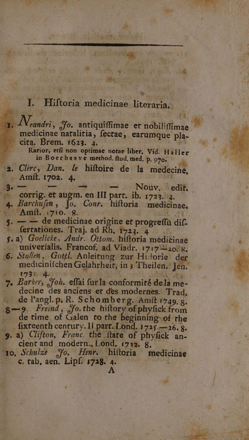 [. E VOTES 4 Li dj i k. » . z 1  UM, anii A 9s us j UR  ]. Hiftoria medicinae literaria. AN X-034 (i ic ND igi G3 UN iig) ; Jo. antiquiffimae et nobiliffimae T7 — medicinae natalitia, fectae, earumque pla- - cita. Brem. 1623. 4. dat. i. E ? Rarior, etfi non optimae notae liber, Vid. Haller P? ^ . àÀn Boerhaave method. ftud, med. p. oso. Eu à. Clirc, Dan. [e hiftoire de. la medecine, ' . Amfít 1702. 4. | ^ e Bue s ibm su -— UUNOUVSUABdIN , ^ corrig. et augm. en III part. ib. 1723. 4. | 4. Darchufet , Jo. Conr. hiftoria medicinae, ap Amit. i710. 8. su i ma e $. — — de medicinae origine et progre(fü dif- *- fertationes. Traj. ad Rh, 1723. 4 $.a) Goelicke, Zndr. Ottom. hiftoria medicinae e ... univeríalis, Francof. ad Viadr. 17:72:20; $. M :. Stolen , Got?l. Anleitung. zur Hitorie' der medicinifchen Gelahrheit; in 5 heilen, Jen. lrrsanaborc en eA MUS 0 ia teg 7. Barker, oh. effai farla conformité dela me- . decine des anciens et des modernes. Trad, ^. de l'angl.p. R. Scho mberg. Amít (749, g. $—9. Frend, jjo.the hiftory of phyfick from . de time of Galen to the / Voc n the .9. a) Clifton, Franc. thé ítate of phyfick an- - . eient and modern., Lond. 1732. 8, 0, Schulze 7o, Henr. hiftoria ^ medicinae. — €. tab, aen. Lipf. 1728. ^d des dq '