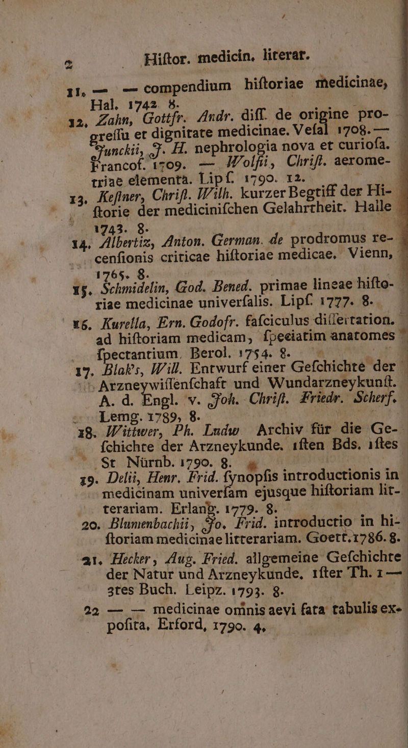 / P^ . Hiftor. medicin. literar. )no— -— compendium hiftoriae Thedicinae, Hal. 1742. 8 ias triae elementa. Lipf. 1790. 12. 1765. 8 riae medicinae univerfalis. Lipf. 1777. 8. fpectantium, Berol. 1754. 8 ^ Arzneywiílenfchafr und Wundarzneykunft. wc, m Lemg. 1789, ^^. $t Nürnb. 1790. 8. terariam. Erlanb. 1779. ftoriam medicinae litterariam. Goett.1786. 8. : 41. Hecher , Aug. Fried. allgemeine Gefchichte der Natur und Arzneykunde, ifter Th. 1— 3tes Buch. Leipz. 1793. 8. | Ü 22 — — medicinae ominis aevi fata tabulis exe
