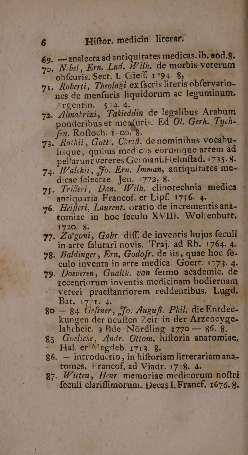 69. —analecta ad antiquitates medicas. ib. eod.8. E Zo. Nibel , Ern. Lud. /Vilh. de morbis vererum obfcuris. Sect. L. GieT, 1794. 8 — 71. Roberti, Theologi ex facris literis obfervatio- &amp;rgentin. 5:4. 4. ard 72. Almahrizi, Takieddin de legalibus Arabum ponderibus et mea(uris. Ed O/. Gerh.. Tych- —— fr^. Roftoch. «00s CAST | 73. Rothii , Gott. Cirifl. de nominibus vocabu- lisque, quibus medicos eorumque artem ad el'arunt veteres Germani.Helmftad. 1735.8. 74. Ialchii, go. Ern. Imman, antiquitates mes d'cae felecrae Jen. :772, 8. »$. Trileri, Dan. IPilh. clinotechnia medica - antiquaria Francof. et Lipf. 1756. 4. — »6. Heifieri, Laurent. oratio de incrementis ana- tomiae in hoc feculo XVIII. Wolienbutt, i720 8. | | : »7. Za'goni, Gabr. diff. de inventis hujus feculi 98. Baldinger, Ern, Godofr. de iis, quae hoc fe. ^ culo inventa in arte medica. Goert. 1773. 4. 79. Doeveren, Gualth. van fermo academic. de. recentiorum inventis medicinam hodiernam veteri praeftantiorem reddentibus. Lugd. | Bat. 17715 4... ur MA S0 — 84. Gefmer, So. Auguft. Phil. die Entdec- kungen der neuíten Zeit in der Arzeneyge- lahrheit. 3 Bde. Nórdling 1770 — 86. 8. 85. Goelicke, ndr. Ottom. hiftoria anatomiae, - Hal et'Magdeb. r7z13. 8. —.— ELM. 86. — introductio, in hiftoriam litterariam ana- tomes. Francof, ad Viadr. 17:8. 4. | 87. IWüten, Henr. memoriae medicorum noftri |. feculi clariffimorum. Decas I. Francf, 1676. 8.