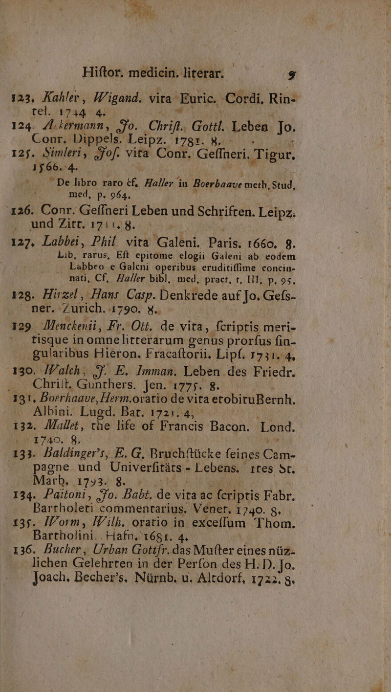 b: UN , AM MN i Hiftor. medicin.literar. ^ $ 123. Kahler, IW'igand. vita Euric. Cordi, Rin- BCNVETQCS 124. 4 kermann, 9]? Ori. ont Leben Jo. Conr. Dippels. Leipz. '1 1566. Lr . med,. p. 964. 126. Conr. Geffneri Leben und Schriften. Leipz. ; und Zitt. 171128. . ^ 127. Labbei, Phil. vita 'Galfai. Pais i68. 9. Lib, rarus, Eft epitome elogii Galeni ab eodem L'abbeo e Galeni operibus eruditiffime concin- nati, Cf, Haller bibl, med, pract, t, L1, P. 95. A28. Hirzel , Hans. Casp. Denkrede auf Jo. Gefs- - ner. Zurich. 4790. 8. 129 AMenckenii Fr. Ott. de vita, fcriptis meri- tisque in omnelitterarum genus prorfus fin- . gularibus Hieron. Fracaftorii. Lipf. 1731. 4, Chriit. Gore: Jen. 4775. 8. 131. Borrhaave, Herm.otatio de vita erobiruBer nh. Albini. Lugd. Bat, 1221545 ^ 132. Mallet, the life of F rancis Bacon. Lond. EU 1740. 8. 133. Baldinger's, E. G. Braehfücke feines Du » — pagne. und Univerfitüts - Lobenei 1tes 5t. Marb, 1233- 8 3 134. Paitoni, ;Jo. Babt. 5h vita ac fcriptis Fabr. Barrholeti commentarius. Vener. 1740. 8. 135. Iorm, If/ilh. oratio in excellum Thom. Bartholi lini Hafn. 168r. 4. 136. Bucher, Urban Gottfr. Mio MD Rer eios noe lichen Gelehrten in der Perfon des H. D. Jo. Joach. Becher's. Nürnb. u. Altdorf, 1722. g.
