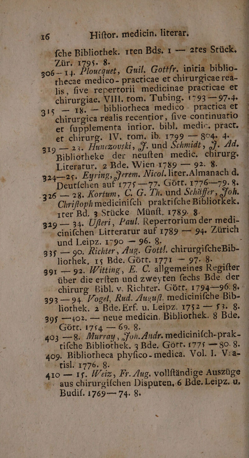 —fche Bibliothek. rten Bds. 1 — ates Stück. Zür. 1795. 8. de : thecae medico- practicae et chirurgicae rea- et .chirurg. ]V. tom, ib. 1799 — 894. 4 Literatur, 2 Bde. Wien 1789 — 92. 8. Deutíchen au -326 — 28. Kortum, C. G. Th. und Schüffer , Joh Chrifloph medicinitch prakrifche Bibliotkek. iter Bd. 3 Stücke. Münfl, 1789. 8. 329 — 34. Ufleri , Paul. Repertorium der medi- ^cinifchen' Lirteratur auf 1789 — 94. Zürich und Leipz. 1790 — 96. 8 Ng liothek, 15 Bde. Gótt. 1771 — 97. 8- - $8. 391 — 92. Il/itting, E. C. allgemeines Regifter über die er(ten und zweyten fechs Bde. der 395 —1402. — neue medicin. Bibliothek. 8 Bde. - ^ Gótt. 17f£4 — 69. 8. Wo | tifche Bibliothek, 3 Bde. Gótt. 177$ — 80. 8. - tisl. 1776. 8. ^. aus chirurgifchen Disputen,.6 Bde. Leipz. u.