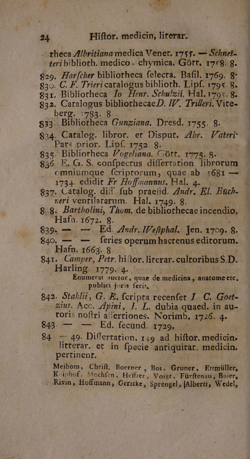  teri biblioth. medico - chymica. Gótt. 17(8. g. $29. Har[ther bibliotheca felecta. Bafil. 1769. 8: 930. C. F. Trieri catalogus bibliorh. Lipf. 1795. 8. EA Bibliotheca Jo Henr. Schulzii, Hal. v795. 8. 932. Catalogus bibliothecae D. /7. Trilleri. Vite- berg. :783. 8. 833. Bibliotheca Gunziana, Dresd. 1755. 8. $24. Catalog. libror. et Dispur. Abr. lateri Pars prior. Lipf. 1752. 8. 935. Bibliotheca Pogeliana. CiÓtt. f775. 8. $36 E.G. S. confpectus differration D rorhmm omniumque fcriptorum, quae is 1681 — 1734. edidit Fr Hoffinannus. Hal. neri ventilatarum. Hal. 1749. 8. Hafa. 1672. 8. 839. — — Ed. Zndr, Iefiphal. Jen. 1709. 8. Hafn. 1663.8 941. CUmEEA Petr. hitor. literar. cultoribus S. D. Harling. 1779. 4. | Enumerat auctor, quae de inedieinad anatome etc, |» publici jvris fecit, 842. Stahlii, G. E. fcripta recenfet I. C. Goet- 2iuf. Acc. Zymi, J. L. dubia quaed. in au- toris noflri allertiones. Norimb, 1726. 4. 843. — —- Ed. fecund. 1729, 84. — 49. Diflerration, 149 ad hiftor. medicin. DEAE et in fpecie antiquitat. medicin. pertinent. K iphof. Mochfen, Heffrer, Voigt, Fürftenau , Baier, Rin v Hoffmann, Geritke, Sprengel, [Alberti, Wedel,