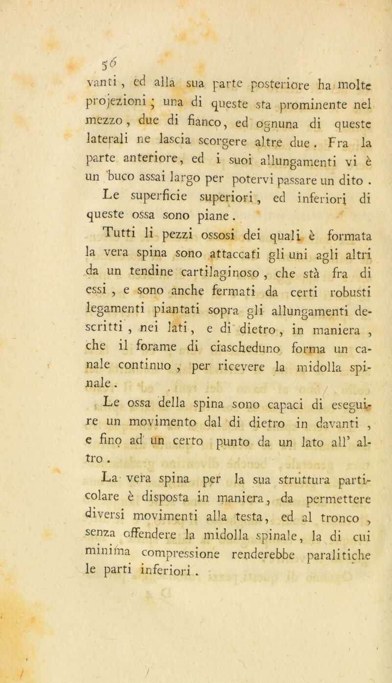 &lt; sÔ L é vanti, Cd alla sua parte posteriore ha; molte projezioni ; una di queste sta prominente nel mezzo , due di fianco, ed ognuna di queste laterali ne lascia Scorgere altre due. Fra la parte anteriore, ed ji. suoi allungamenti vi è un buco assai largo per potervi passare un dito . Le superficie superiori, ed inferiori di queste o$sa sono piane. # Tutti li pezzi ossosi dei quali è formata la vera spina sono attaccati gli uni agli altri da un tendine cartilaginoso , che stà fra di cils e sono anche fermati da certi robusti legamenti piantati sopra gi allungamenti de- scritti, nel lati, e di dietro, in maniera , che 1l forame di ciascheduno forma un ca- nale continuo ; ‘per ricevere la midolla spi- pales pi 447. | . Le ossa della spina sono capaci di esegule re un movimento dal di dietro in davanti , € fino ad ün certo punto. da un lato al)” al- tro. La vera spina per la sua struttura parti- colare è disposta in maniera, .da permettere diversi movimenti alla testa, ed al tronco , senza offendere la midolla spinale, la di cui MNIMA compressione renderebbe paralitiche le parti inferiori .