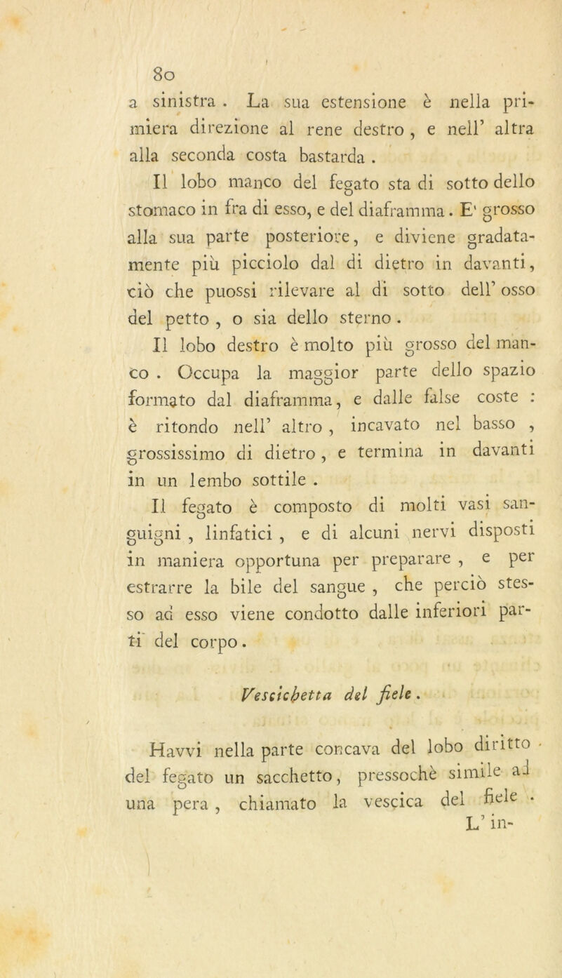 à sinistra . La sua estensione è nella pri- miera direzione al rene destro, e nell’ altra alla seconda costa bastarda . Il lobo manco del fesato sta di sotto dello stomaco in fra di esso, e del diaframma . E' grosso alla sua parte posteriore, e diviene gradata- mente più picciolo dal di dietro in davanti, cid che puossi rilevare al di sotto dell’ osso del petto, o sia dello sterno. a: Il lobo destro è molto più grosso del man- co. Occupa la maggior parte dello spazio formato dal diaframma, e dalle false coste : è ritondo nell’ altro, incavato nel basso , grossissimo di dietro, e termina in davanti in un lembo sottile . Il fegato è composto di molti vasi san- guigni, linfatici, e di alcuni nervi disposti in maniera opportuna per preparare, € per estrarre la bile del sangue, che percid stes- so a@ esso viene condotto dalle inferiori par- Hideltcorpo:# : # Vescichetta del frele. Havvi nella parte concava del lobo diritto : del fegato un sacchetto, pressochè simile al una pera, chiamato la vescica del fele L'in-