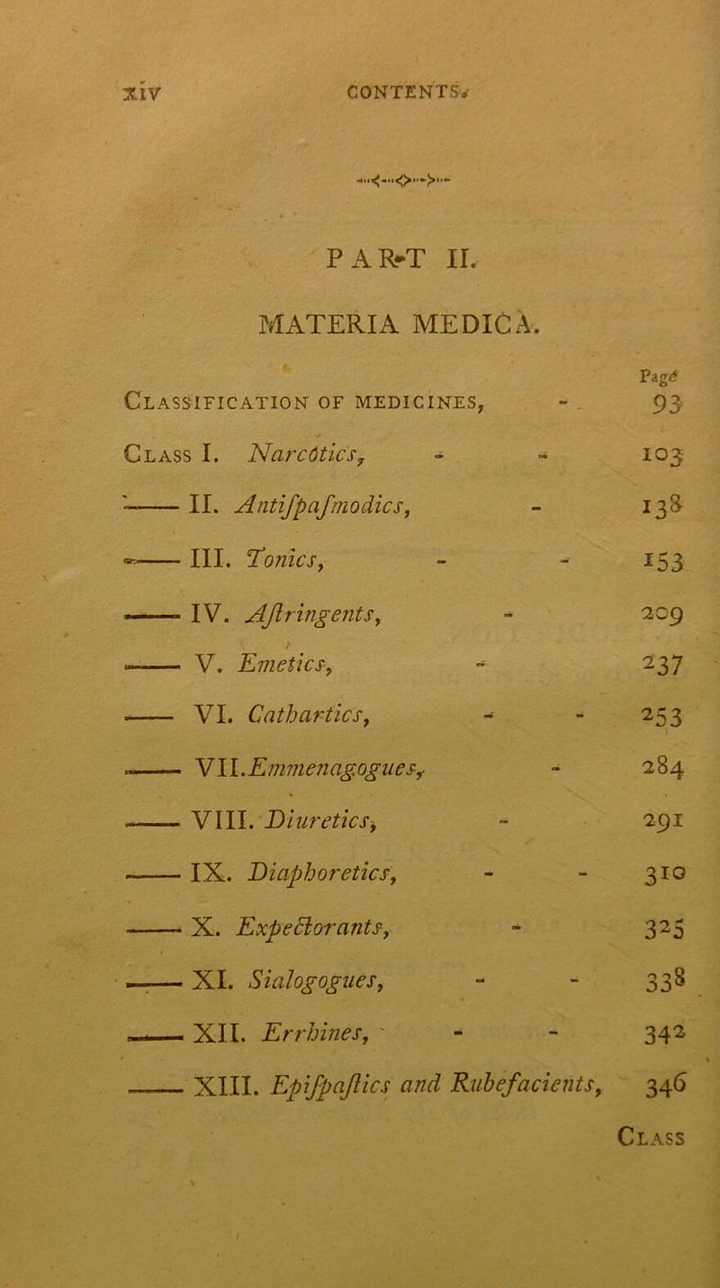 PAR-T II. PfIATERIA MEDICA. Pagrf Classification of medicines, - , 93 Class I. Narcotics^ - - 103- II. Antifpajmodicsj - 133- III. Tonicsy - - 153 —— IV. AJiringentSy ^ 209 \ • V. Emeticsy - 237 VI. Cathartics, ^ - 253 \ Yll.Emmenag.oguesy - 284 VIII. Diuretics', - 291 IX. Diaphoretics, - - 310 X. ExpeSlorants, - 325 — XI. Sialogogues, - - 338 . — XII. Errhines, ' - - 342 XIII. EpiJpaJHcs and Rubefacients, 346 Class