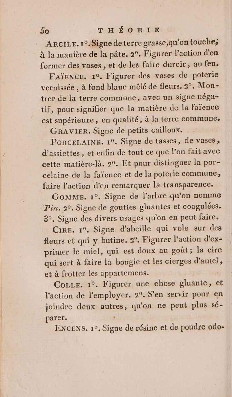 ARGILE.1°.Signe deterre grasse,qu’on touche; À la manière de la pâte. 2°. Figurer l’action d'en former des vases , et de les faire durcir, au feu. FAïENCE. 1°. Figurer des vases de poterie vernissée , à fond blanc mêlé de fleurs. 2°. Mon- trer de la terre commune, avec un signe néga- tif, pour signifier que la matière de la faïence est supérieure, en qualité, à la terre commune. _ GRAVIER. Signe de petits cailloux. PorcELAINE. 1°. Signe de tasses, de vases, d’assiettes , et enfin de tout ce que l’on fait avec cette matière-là. 2°. Et pour distinguer la por- celaine de la faïence et de la poterie commune, faire l’action d’en remarquer la transparence. Gomms. 1°. Signe de l'arbre qu’on nomme Pin. 20. Signe de gouttes gluantes et coagulées. 30, Signe des divers usages qu’on en peut faire. Cire. 1°. Signe d'abeille qui vole sur des fleurs et qui y butine. 2°. Figurer l’action d’ex- primer le miel, qui est doux au goût; la cire qui sert à faire la bougie et les cierges d’autel, et à frotter les appartemens. | Core. 1°. Figurer une chose gluante, et l'action de l’employer. 2°. S'en servir pour en joindre deux autres, qu'on ne peut plus sé- parer. ENCENS. 1°, Signe de résine et de poudre odo-