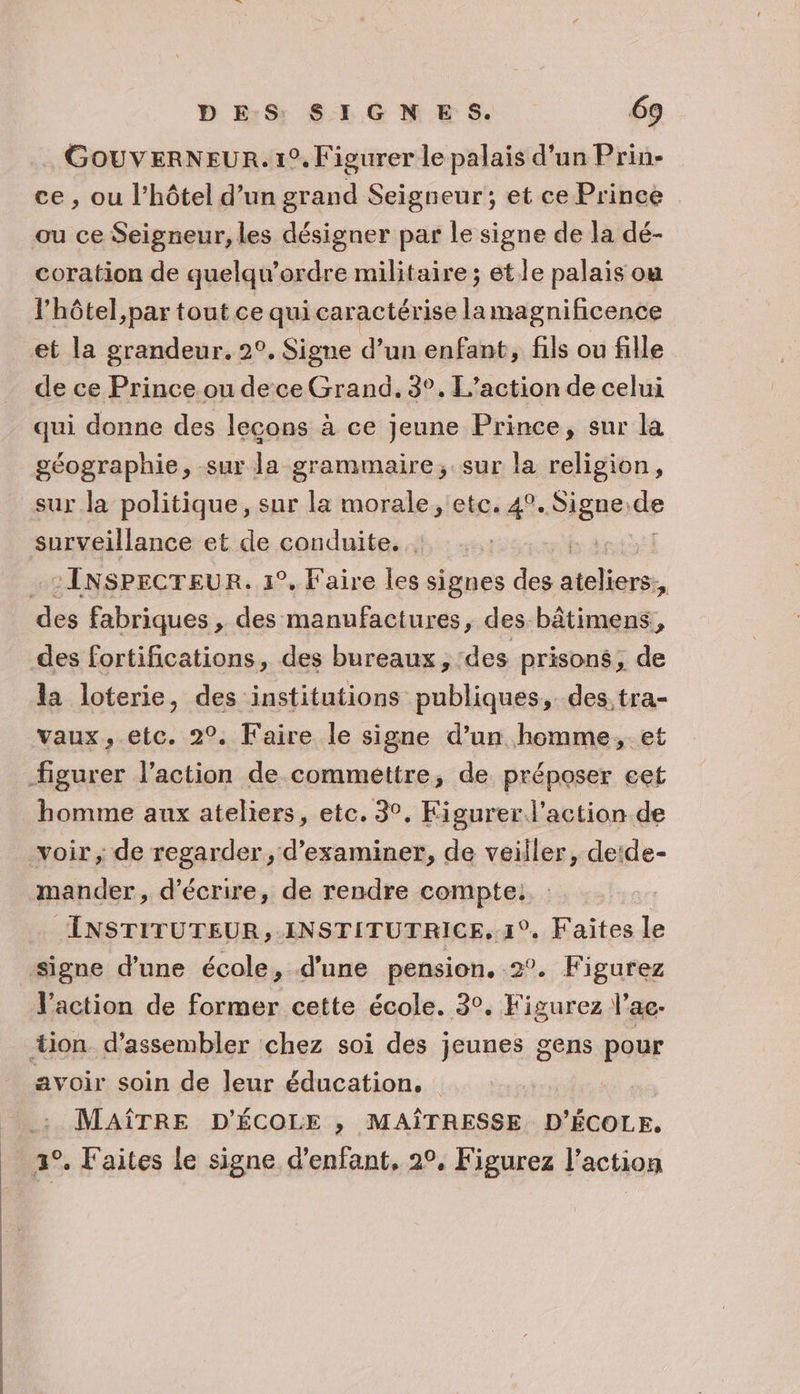 GOUVERNEUR. 1°. Figurer le palais d’un Prin- ce , ou l'hôtel d’un grand Seigneur; et ce Prince ou ce Seigneur, les désigner par le signe de la dé- coration de quelqu’ordre militaire ; et le palais ou l'hôtel, par tout ce qui caractérise la mmagnificence et la grandeur. 2°, Signe d’un enfant, fils ou fille de ce Prince ou dece Grand. 3°. L'action de celui qui donne des lecons à ce jeune Prince, sur la géographie, sur Ja grammaire, sur la religion, sur la politique, sur la morale, etc. 4°. Signe: de surveillance et de conduite. ; INSPECTEUR. 1°, Faire les signes des sieliors. A des fabriques , des manufactures, des bâtimens, des fortifications, des bureaux, ‘des prisons, de la loterie, des institutions publiques, des tra- vaux, etc. 2°. Faire le signe d’un homme, et figurer l’action de commettre, de préposer eet homme aux ateliers, ete. 3°, Figurerl'action de voir ; de regarder, d'examiner, de veiller, deide- mander, d'écrire, de rendre compte: INSTITUTEUR, INSTITUTRICE, 1°. Faites le signe d'une école, d'une pension. 2°. Figurez l’action de former cette école. 3°. Figurez V’ac- tion d’assembler chez soi des jeunes gens pour avoir soin de leur éducation. MAÎTRE D'ÉCOLE ; MAÎTRESSE D'ÉCOLE. 1°. Faites le signe d'enfant, 2°, Figurez l’action