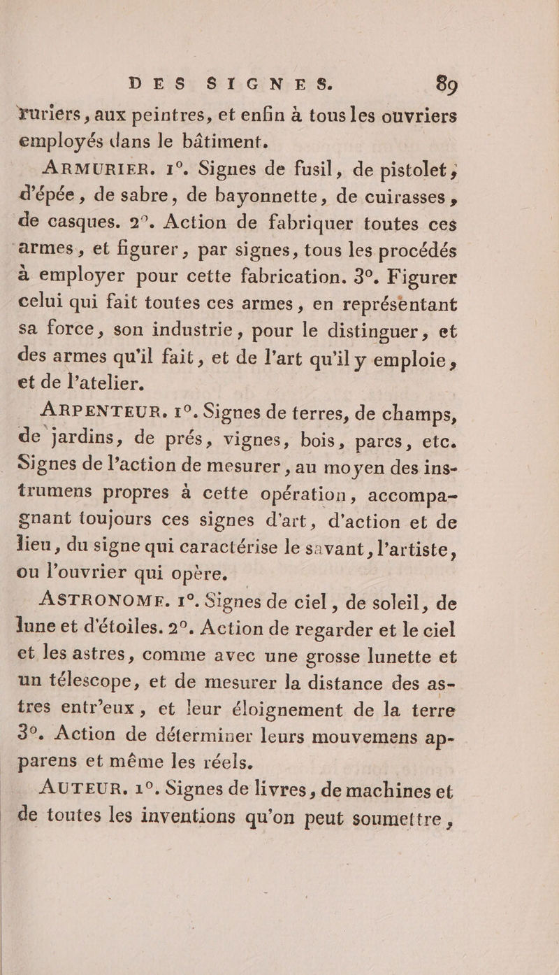 ruriers , aux peintres, et enfin à tous les ouvriers employés dans le bâtiment. ARMURIER. 1° Signes de fusil, de pistolet ; d'épée , de sabre, de bayonnette, de cuirasses, de casques. 2°. Action de fabriquer toutes ces à employer pour cette fabrication. 3°. Figurer celui qui fait toutes ces armes, en représentant sa force, son industrie, pour le distinguer, et des armes qu’il fait, et de l’art qu’il y emploie, et de l’atelier. ARPENTEUR, 1°. Signes de terres, de champs, de jardins, de prés, vignes, bois, parcs, etc. Signes de l’action de mesurer , au moyen des ins- trumens propres à cette opération, accompa- gnant toujours ces signes d'art, d'action et de lieu, du signe qui caractérise le savant, l'artiste, ou l’ouvrier qui opère. ASTRONOME. 1°. Signes de ciel , de soleil, de lune et d'étoiles. 2°, Action de regarder et le ciel et les astres, comme avec une grosse lunette et un télescope, et de mesurer la distance des as- tres entr'eux , et leur éloignement de la terre 3°. Action de déterminer leurs mouvemens ap- parens et même les réels. AUTEUR. 1°. Signes de livres, de machines et de toutes les inventions qu’on peut soumettre ,