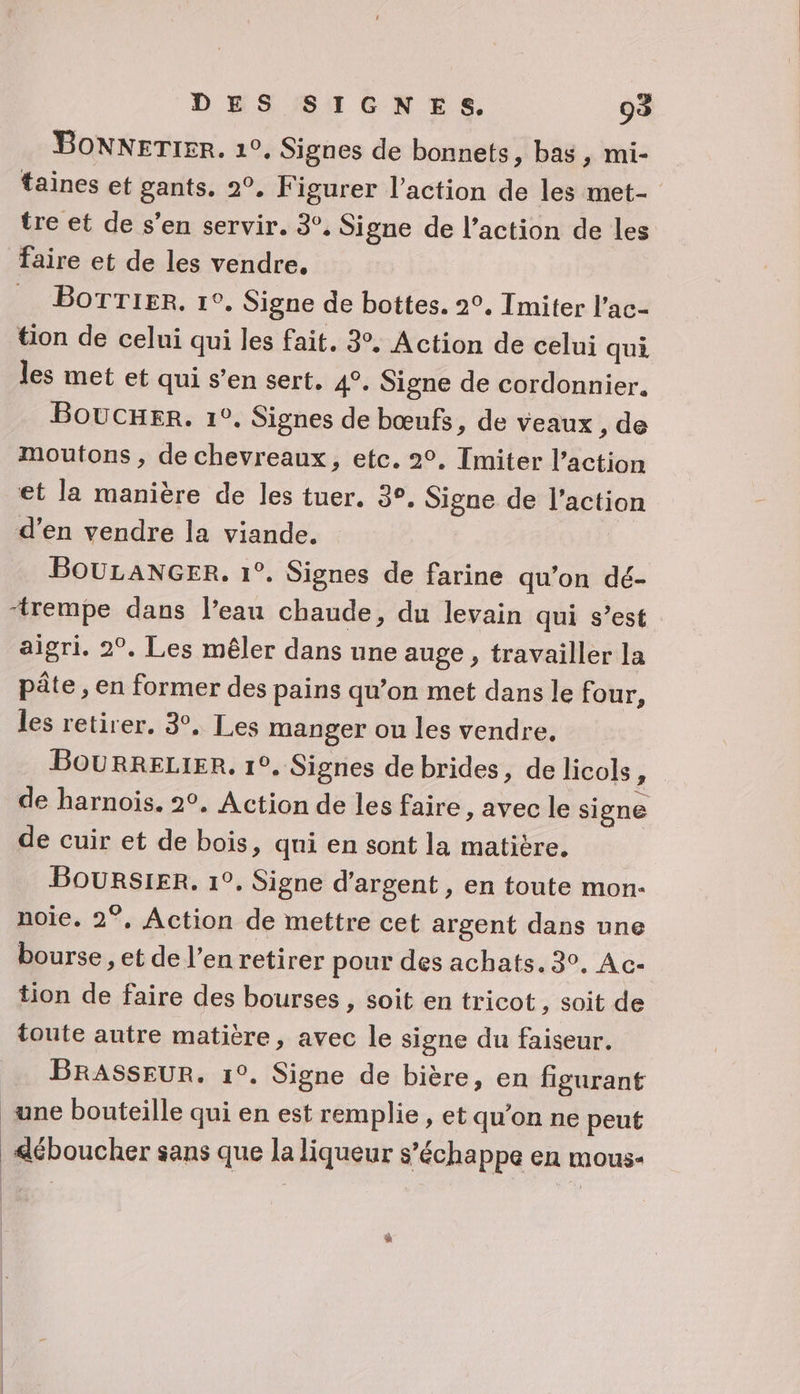 BoNNETIER. 1°. Signes de bonnets, bas, mi- taines et gants. 2°. Figurer l’action de les met- tre et de s’en servir. 3°. Signe de l’action de les faire et de les vendre, . Borrier. 1°. Signe de bottes. 2°, Imiter l’ac- tion de celui qui les fait. 3°. Action de celui qui les met et qui s’en sert. 4°. Signe de cordonnier. BoucHER. 1°, Signes de bœufs, de veaux, de moutons , de chevreaux, etc. 2°. Tmiter l’action et la manière de les tuer. 3°, Signe de l’action d’en vendre la viande. BOULANGER. 1°. Signes de farine qu’on dé- “trempe dans l’eau chaude, du levain qui s’est aigri. 2°. Les mêler dans une auge, travailler la pâte , en former des pains qu’on met dans le four, les retirer. 3°, Les manger ou les vendre. BOURRELIER, 1°. Signes de brides, de licols, de harnois. 2°, Action de les faire, avec le signe de cuir et de bois, qni en sont la matière. BOURSIER. 1°. Signe d'argent , en toute mon- noie. 2°, Action de mettre cet argent dans une bourse , et de l’en retirer pour des achats. 3°. Ac- tion de faire des bourses , soit en tricot, soit de toute autre matière, avec le signe du faiseur. BRASSEUR. 1°. Signe de bière, en figurant une bouteille qui en est remplie , et qu’on ne peut déboucher sans que la liqueur s’échappe en mous-