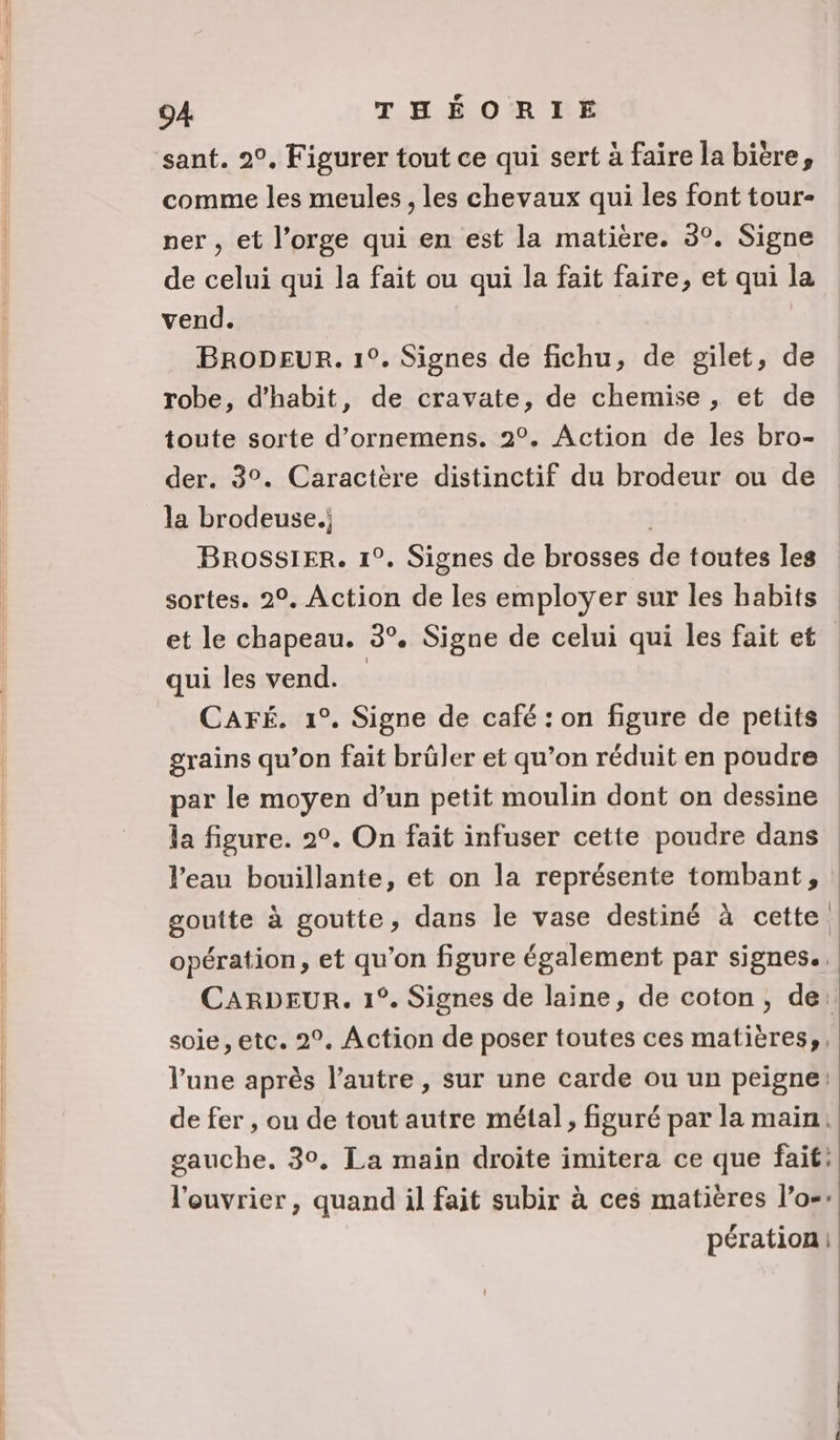 ‘sant. 2°. Figurer tout ce qui sert à faire la bière, comme les meules , les chevaux qui les font tour- ner , et l’orge qui en est la matière. 3°. Signe de celui qui la fait ou qui la fait faire, et qui la vend. BRODEUR. 1°. Signes de fichu, de gilet, de robe, d’habit, de cravate, de chemise , et de toute sorte d’ornemens. 2°. Action de les bro- der. 3°. Caractère distinctif du brodeur ou de la brodeuse.; BROSSIER. 1°. Signes de brosses de toutes les sortes. 2°. Action de les employer sur les habits et le chapeau. 3°. Signe de celui qui les fait et qui les vend. | CAFÉ. 1°. Signe de café : on figure de petits grains qu’on fait brüler et qu’on réduit en poudre par le moyen d’un petit moulin dont on dessine la figure. 2°. On fait infuser cette poudre dans l’eau bouillante, et on la représente tombant, goutte à goutte, dans le vase destiné à cette. opération, et qu’on figure également par signes. CARDEUR. 1°. Signes de laine, de coton, de: soie, etc. 2°, Action de poser toutes ces matières,, l’une après l’autre , sur une carde ou un peigne: de fer , ou de tout autre métal, figuré par la main: gauche. 39, La main droite imitera ce que fait: l'ouvrier, quand il fait subir à ces matières l’o-: pération|