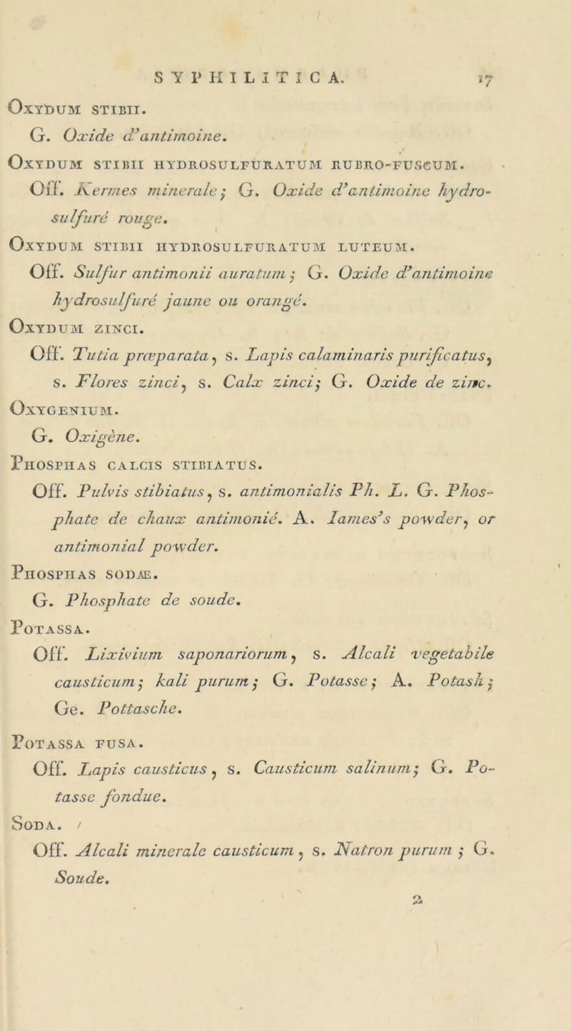 QxyDUIVI STIBII. G. Oxide d’antimoine. OxYDUM STIBII HYDROSÜLFURATUM RUBK.O-FUSCUM. Oïl. Fermes mine raie} G. Oxide d’antimoine hydro- sulfure rouge. OxYDUM STIBII IIY DE OS U LFURATUM LUTEUM. Off. Sulfur antimonii auratum } G. Oxide d’antimoine hydrosulfure jaune ou orangé. OxYDUM ZINCI. Olï. Tutia preeparata , s. Lapis calaminaris purifie a tus. S. Flores zinci? s. Calx zinci} G. Oxide de zinc. OxYGENIUM. G. Oxigène. ï’iIOSPIIAS CA LOIS STIBIATU S. Off. Pulvis s tibia tus ? s. antimonialis P h. L. G. Phos- phate de chaux antimonié. A. darnes’s powder? or antimonial powder. PlIOSPHAS SODAE. G. Phosphate de soude. Potassa. Off. Lixivium sapunariorum ? s. Alcali vegetabile causticum } kali pururrt } G. Potasse } A. Potash } Ge. Pottasche. Potassa fusa. Off. .Lapis causticus ? s. Causticum s a lin uni} G. Po- tasse fondue. Soda. / Off. Alcali minérale causticum &gt; s. Natron pururn } G. Soude. O