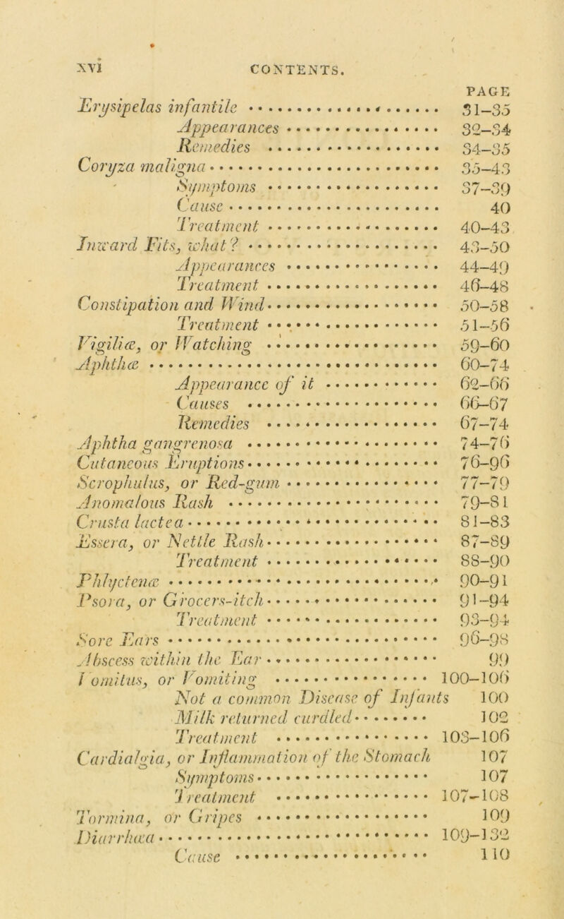 PAGE Erysipelas infantile « 31-3.5 Appearances 32-34 Remedies 34-35 Coryza maligna 35-43 Symptoms 37-39 Cause 40 Treatment 40-43 Inzcard Fits, what? 43-50 Appearances 44-49 Treatment 40-48 Constipation and Wind 50-58 Treatment 51-56 Vigilice, or Watching • 59-60 Aphthae 60-74 Appearance of it 62-66 Causes 6(5-67 Remedies 67-74 Aphtha gangrenosa 74-76 Cutaneous Eruptions 76-Q6 Scrophufus, or Red-gum * • • • 77-79 Anomalous Rash 79-81 Crusta lactea • * 81-83 Essera, or Nettle Rash 87-89 Treatment 88-90 Thh/ctcme - -• 90-91 Psora, or Grocers-itch 91-94 Treatment 93-94 Sore Ears 96-98 Abscess within the Ear • * 99 1 omit us, or Vomiting 100-106 Not a common Disease of Infants 100 Milk returned curdled 102 Treatment 103-106 Cardialgia, or Inflammation of the Stomach 107 Symptoms 107 Treatment 107-108 Tormina, or Gripes 109 Diarrhoea 109-132 Cause *•••• HO