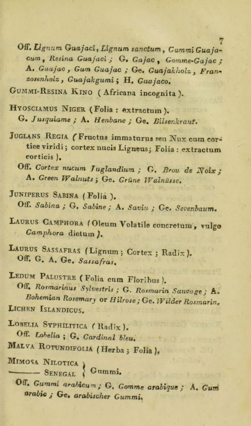 Off, Lignum Guajacif Lignum sanctum. Gammi Guaja^ Cam f liesina Guajaci j G» Gajac ^ Gomme'Gajac ^ A, Gaajao , Gum Guajac ; Ge, Guajakholz , Fran» zosenholzf Guajakgumi ÿ H, Gaajacol Gummi-Resina liiNO ( Africana incognita ). Hyosciamus Niger ^ Folia j oxtractum G, Jusquiame ; A. Henbane j Ge. Bilsenkrauf. JUGLANS Regia ^Fructua immatnrus seu Nux cura cor- tice viridi; cortex nucis Ligneus; Folia: extractum corticis ), Off, Cortex nucum Tuglandium ; G. Brou de ÙS^oix ; A. Green VFalnuts i Ge, Grüne iValnüsse, JüNiPERus Sabina ( Folla ). Off. Sabina; G. Sabine; A. Savia ; Ge. Seoenhaum, L.AURUS Camphora ^ Oleum Volatile concretum , vulgo ' Camphora diotum Laurus Sassafras (Lignum; Cortex; Radix). Off. G, A, Ge, Sassafras» Ledum Palustre (Folla cura Floribus ). ffl Rotmarinus Sylvestris ; G. Rosmarin Sauoage ; AJ Bohemian Rosemary or Hilrose; Ge. Wilder Rosmarin» Lichen Islandicus. Lobelia Syphilittca (Radix). Off. Lohelia ; G. Cardinal bleu. Malva Rotundifolia (Herba; Folia Mimosa Nilotica \ ^ Senegal | Onmmi, Off. Gammi arahicum; G. Gomme arabique; A. Guni arabie j Ge, arabischer Gammi,