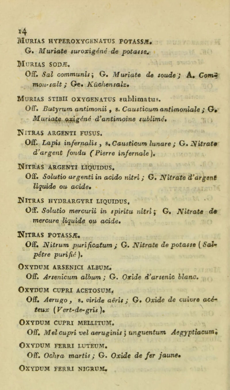 IVIURIAS HYPEROXYGENATUS POTASSÆ. G. Muriate suroxigéné de potasse^ Murias sodæ. Off. Sai conwiunisi G. Muriate de soude'. A* Com^ mou’salt ; Ge* Küchensalz» Mürias stibii oxyoenatus sublimatus. OfìT» Butyrum antimonii f 8. Causticum antimoniale ^ Gm Muriaiç,.if^génô d'antimoine sublimé » \ IJlTRAS ARGENTI FUSUS, Off. Lapis infernali s y s, Causticum lunare ; G* JSfitrat» d'argent fondu (Pierre infernale )• Nitras argenti liquidus. Off. Solatio argenti in acido nitri ; G. Nitrate d'argent liquide ou acide» IJitras hydrargyri liquidus. Off. Solatio mercurii in spirita nitrii G. Nitrate mercure liquide ou acide» NiTRAS POTASSÆ. Off. Nitrum puriflcatum ; G. Nitrate de potasse {SoIt petre purifie. ). OXYDUM ARSENICI ALBUM.' Off. Arsenicum album ; G. Oxide d'arsenic blanc» OXYDÜM CUPRI ACETOSUMÿ Off. Aerugo , s. viride aêris j G. Oxide de cuivre acé* teux (Vert-de-gris )• OXYDUM CUPRI MELLITUM. Off. Mei Capri vel aeruginis y unguentum Aegyptiacumi OXYDUM FERRI LUTEÜM, Off. Oclira martis ; G. Oxide de fer jaune» OXYDUM FERRI NIGRUM,