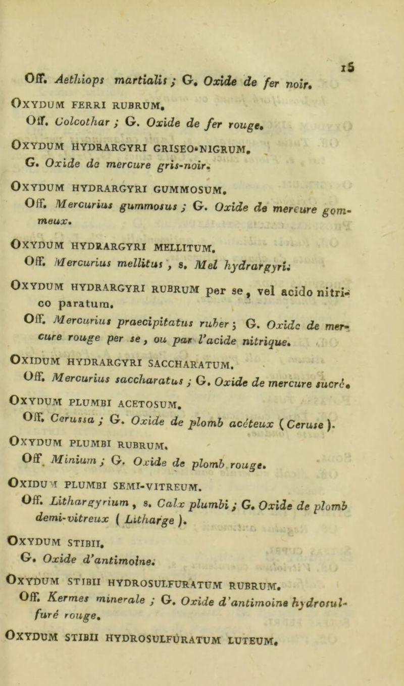 Off. Aethiops martiaiu ; G, Oxide de fer noir, OXYDUM FERRI RUBRÜM, OlT, Colcothar ; G. Oxide de fer rouge, OXYDÜM HYDRARGYRI GRISE0»U1GRUM, G. Oxide do mercure gris-noir» OXYDUM HYDRARGYRI GÜMMOSUM. Off, Mercurius gummosus ; G. Oxide de mercure gom- meux, OXYDUM HYDRARGYRI MELLITUM. Off. Mercurius mellitus', s, Mei hydrargyrii OXYDUM HYDRARGYRI RüBRuM per se , vel acido nitri-î CO paratura, ^ ' Off. Mercurius praecipitatus ruher j G. Oxide de mer-, cure rouge per se, ou par Vacide nitrique, OxiDUM HYDRARGYRI SACCHARATUM. Off. Mercurius saccharatus ; G. Oxide de mercure sucré, OXYDUM PLUMBI ACETOSUM, Off, Cerussa ; G. Oxide de plomb acéteux ( Cerase ). OXYDUM PLUMBI RUBRUM. Off. Minium; G. Oxide de plomb.rouge, OxiDUM PLUMBI SEMI-VITREUM. Off. Lithargyrium , s. Calx plumbi ; G, Oxide de plomb demi-vitreux { Litharge ), OXYDUM STIBir, G, Oxide d*antimoines OxYDUM STIBII HYDROSULFURATUM RUBRUM. Off. Kermes minerale ; G. Oxide æantimoine hydrosuU furé rouge, OXYDUM STIBII HYDROSULFURATUM LUTEUM,