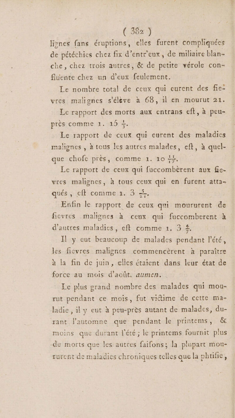 liznes fans éruptions, elles furent compliquées de pétéchies chez fix d'entr'enx, de miliaire blan- che, chez trois autres, &amp; de petite vérole con- fluente chez un d'eux feulement. Le nombre total de ceux qui eurent des fie! vres malignes s'élève à 68, il en mourut 21. Le rapport des morts aux entrans cft, à peu- près comme 1. 15 =. Le rapport de ceux qui eurent des maladies malignes , à tous les autres malades, eft, à quel- que chofe prés, comme 1. 10 iz. Le rapport de ceux qui fuccombèrent aux £e- vies malignes, à tous ceux qui en furent atta- qués, eff comme 1. 3 =. | Enfin le rapport de ceux qui moururent de ficvres malignes à ceux qui fuccomberent à d'autres maladies, efl. comme 1. 3 £, I| y eut beaucoup de malades pendant l'été, les fievres malignes commencèrent à paraître à la fin de juin, elles étaient dans leur état de force au mois d'août. aumen. Le plus grand nombre des malades qui mou- rut pendant ce mois, fut victime de cette ma- ladie, il y eut à peu-près autant de malades, du- rant l'automne que pendant le printems, &amp; moins que durant l'été ; le printems fournit plus de morts que les autres faifons; la plupart mou- surent de maladies chroniques telles que la phtifie,