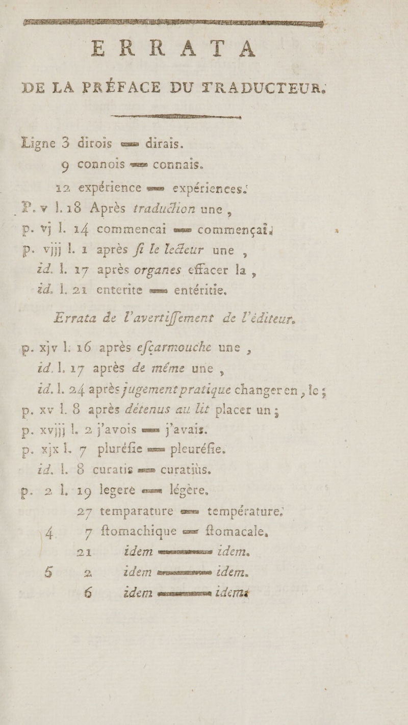 ERRATA | DE LA PRÉFACE DU TRADUCTEUR. Ligne 3 ditois «x» dirais. 9 CONNOIS ww» connais. 12 expérience we expériences: .P.v li8 Après traduéhion une, p. vj |. 14 commencai == commencçai, p. vi} L 1 après ff Je leéleur une , zd. l. 17 après organes effacer la, zd. |. 21 enterite mm entéritie, Errata de l’avertiflement de l'éditeur, p. xjv 1: 16 après efcarmouche une , id, |, 17 après de méme une , ud. |. 24 après jugement pratique changeren , 1o; p. xv 1. 8 aprés détenus au lit placer un; p. xvjj] l. 2 j'avois ee j'avais. p. xjxl. 7 pluréfie mm pleuréfie. zd. |l. G curatis »» curatiüs. p. 21.19 legere e légère, 27 temparature ew» température, 4 7 ftomachique e flomacale, 21 idem SEDZNCRTUSSGPQRILIIS uem. 4 2 idem erusmenme [de].