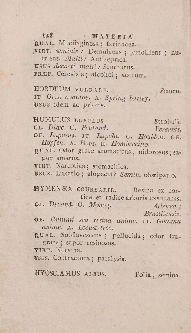 158 MATERIA QUAL. Mucilaginosa ; farinacea. VIRT. seminis : Demulcens ; emolliens ; nu- triens. Malti: Antiseptica. USUS decocti malti: Scorbutus. PRJRP. Cerevisia; alcohol; acetum. HORDEUM vULGARE. Semen. IT. Orzo comune. A. Spring barley. USUS idem ac prioris. HUMULUS LUPULUS Strobuli, CL. Diec. O. Pentand. | Perennis. OF. Lupulus. iT. Lupolo. c. Houblon. GE. Hopfen. A. Hops. H. Hombrecillo. QUAL. Odor grate aromaticus, nidorosus ; sa- por amarus. YIRT. Narcotica; stomachica. USUS. Luxatio; alopecia? Semin. obstipatio. SHYMEN/A COURBARIL. Resina ex cor- tice et radice arboris exsudanss.. CL. Decand. O. Monog. Arborea 5 Brasiliensis. OF. Gummi seu resina anime. 1T. Gomma anime. A. Locust-tree. QUAL. Subflavescens ; pellucida; odor fra- grans; sapor resinosus. à VIRT. Nervina. WSUS. Contractura ; paralysis. HYOSCIAMUS ALBUS. Folia, semina.