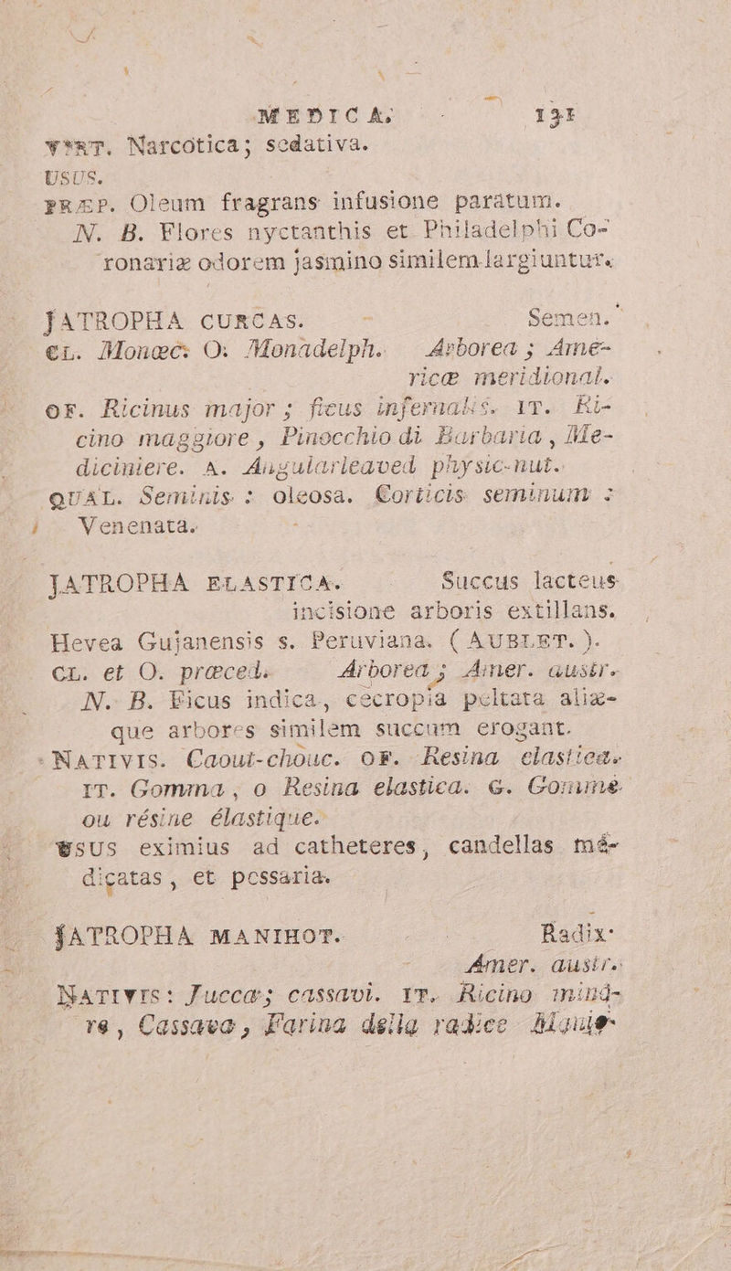 \ MEDICA: - (0131 Y*wT. Narcotica; sodativa. USUS. prAeP. Oleum fragrans infusione paratum. N. B. Flores nyctanthis et Philadelphi Co- ‘ronaria odorem jasmino similem largiuntur. JATROPHA CURCAS. Semen. €rL. Monec: O. Monadelph. ^ 4Asborea ; Amé- rice meridional. or. Ricinus major ; ficus infernalis. YT. Ri- cino maggiore , Pinocchio di Barbaria , Me- diciniere. A. Augularleaved physic-nut. QUAL. Seminis : oleosa. €orticis seminum, : | . Venenata. JATROPHA ELASTICA. . Succus lacteus incisione arboris extillans. Hevea Gujanensis s. Peruviana. ( AUBLET. ). CL. et O. praced. Arborea; Ainer. austr. N. B. Ficus indica, cecropia peltata aliz- que arbores similem succum erogant. : NATIVIS. Caoui-chouc. or. Resina elastica. IT. Gomma; o Resina elastica. &. Gornwune. ou résine élastique. wsUS eximius ad catheteres, candellas mé- dicatas, et possaria. ÍATROPHA MANIHOT. : Radix: Amer. austr. NatIvis: Jucca; cassavi. YT. Ricino mind. re, Cassava, Farina della radice Maouie-