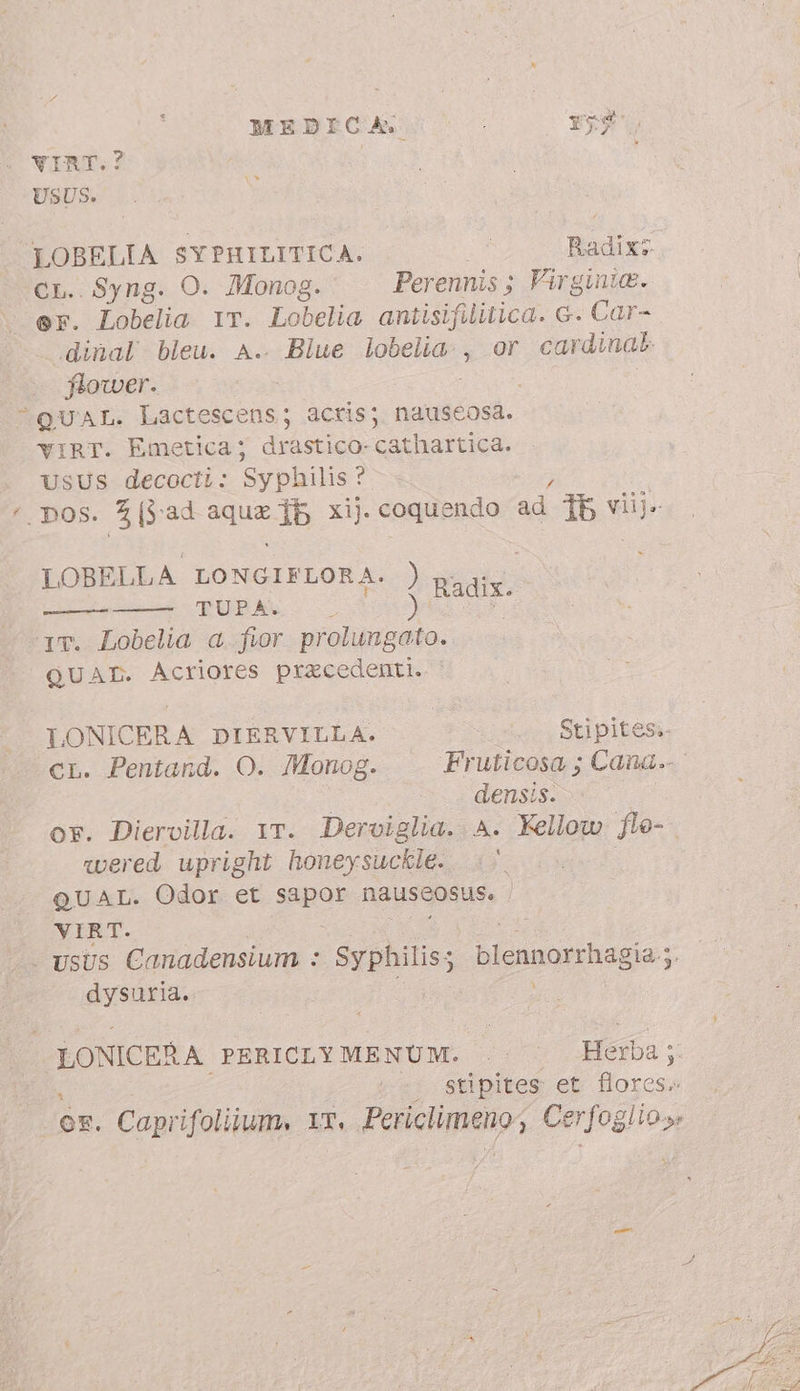 MEDICA. Fio’ VIRT.:? USUS. .LOBELIA È PHILITICA. | Radix: CL. Syng. O. Monog. Perennis; Virginia. er. Lobelia IT. Lobelia antisifilitica. G. Car- dinal bleu. A.. Blue lobelia., or cardinab flower. QUAL. Lactescens; acris; nauseosa. vIRT. Emetica; drastico- cathartica. UsUS decocti: Syphilis? DOS. A 'ad Pain xij. coquendo ad Ib v viij. LOBELLA LONGIFLORA. ) | ETA i Radix. 1T. Lobelia a fior prolungato. QUAL. Acriores precedenti. LONICERA DIERVILLA. Sti pites;- cL. Pentand. O. Monog. Fruticosa ; Cana. | densis. or. Diervilla. 1r. Derviglia. A. Kellow fle- wered upright honeysuckle. .—. QUAL. Odor et spar nauseosus. VIRT. es . usus Canadensium : Syphilis; blennorrhagia 5. dysuria. LONICERA PERICLY MENUM. 2 Herba ;: stipites et dorsi or. Caprifoliium. 17. Felieheiios Cer foglio,