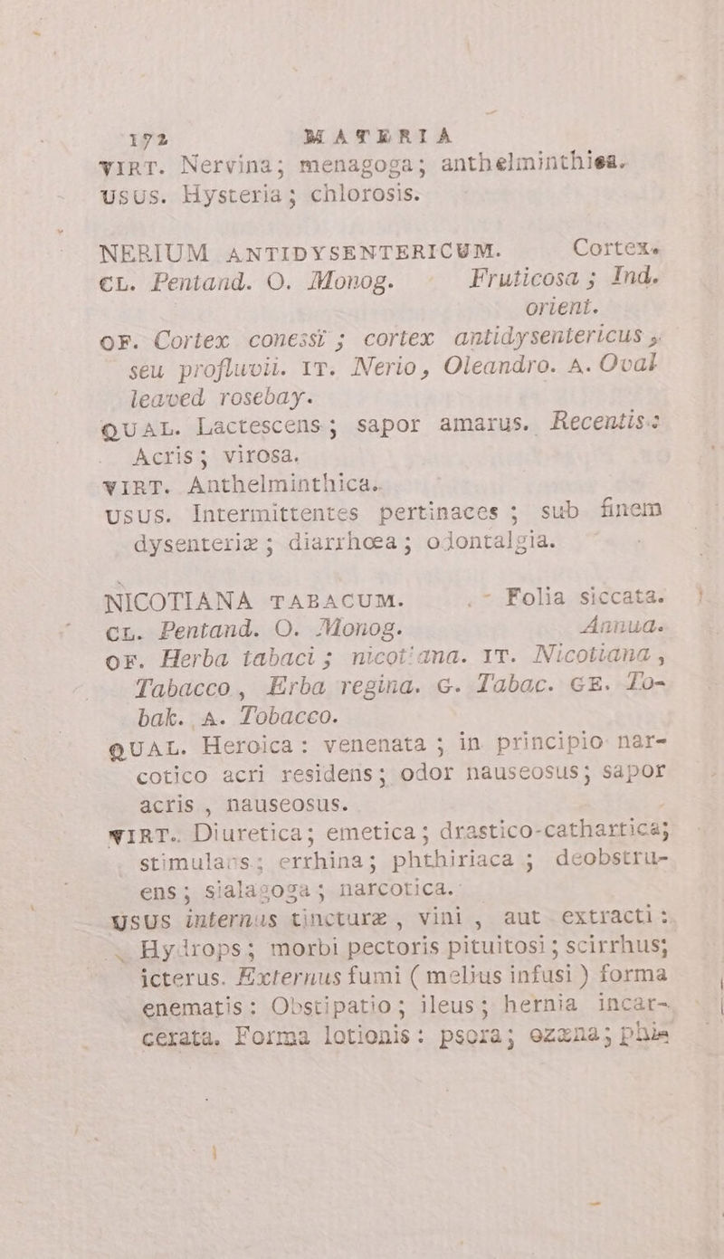 vIRT. Nervina; menagoga; anthelminthiea. Usus. Hysteria; chlorosis. NERIUM ANTIDYSENTERICUM. Cortex €L. Pentand. O. Monog. Fruticosa ; Ind. | orient. OF. Cortex conessi ; cortex antidysentericus ;. seu proflwoii. 1T. Nerio, Oleandro. A. Oval leaved rosebay. QUAL. Lactescens; sapor amarus. Recentis-: Acris; virosa. YvIRT. Anthelminthica. UsUs. Intermittentes pertinaces ; sub finem 3 dysenteria ; diarrhoea ; odontalgia. NICOTIANA TABACUM. .- Folia siccata. cn. Pentand. O. .Monog. Annud. or. Herba tabaci; nicotiana. YT. Nicotiana, Tabacco, Erba regina. G. Tabac. GE. lo- bak. A. Tobacco. QUAL. Heroica: venenata ; in principio nar- cotico acri residens; odor nauscosus; sapor acris , nauseosus. NIRT. Diuretica; emetica ; drastico- cathartica; stimulaos.; errhina; phthiriaca ; deobstru- ens ; sialasoga ; narcotica.: UsUs infernus tincture, vini, aut extracti: . Hydrops; morbi pectoris pituitosi ; scirrhus; icterus. Externus fumi ( melius infusi ) forma enematis: Obstipatio; ileus; hernia incar- cerata. Forma lotionis: psora; ozena; phia