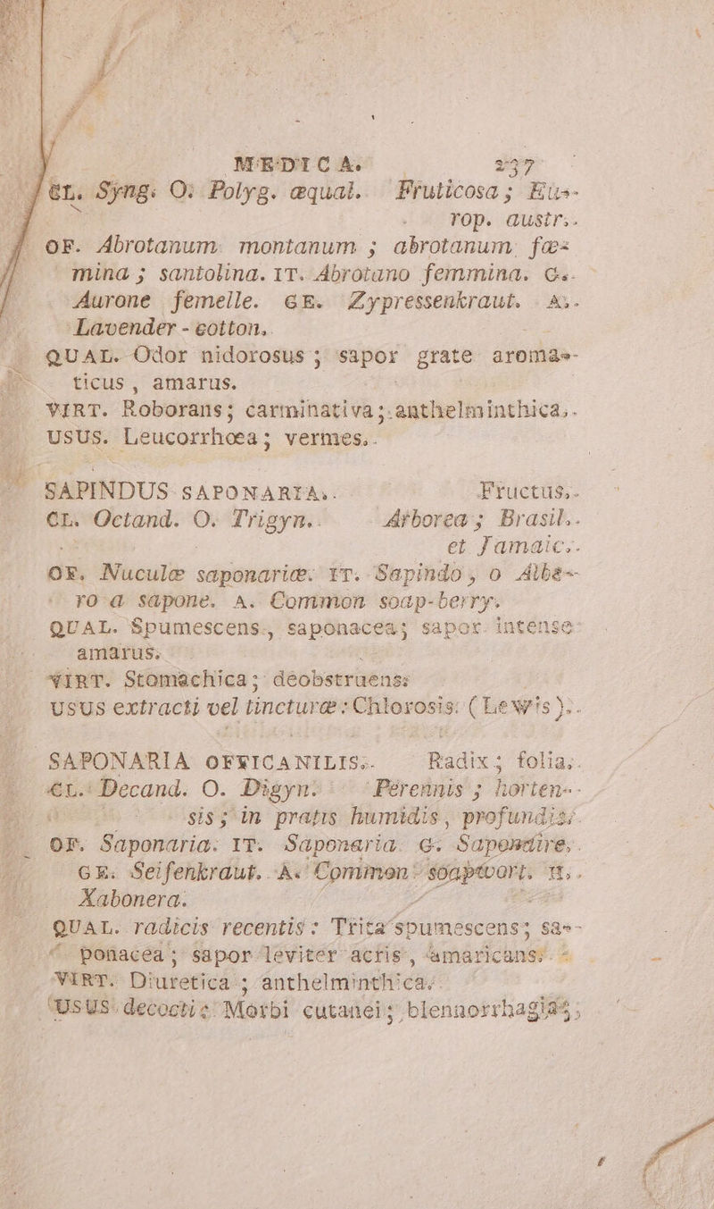 F F Y ‘ » la MEDICA. 237 7 OF. Abrotanum. montanum ; abrotanum. fa Lavender - eotton.. dd ticus, amarus. « usus. Leucorrheea; vermes.. . SA ro à sapone. A. Common soap-berry. amarus; NIRT. Stomachica; sb Nr AP: sis; in pratis. humidis , profundis; Xabonera. d |. ponacéa; sapor leviter acris, Lince VIRT. Diuretica:; anthelminth'ca.. . USUS. decocti z: Morbi cutanei; blenaorrhagias