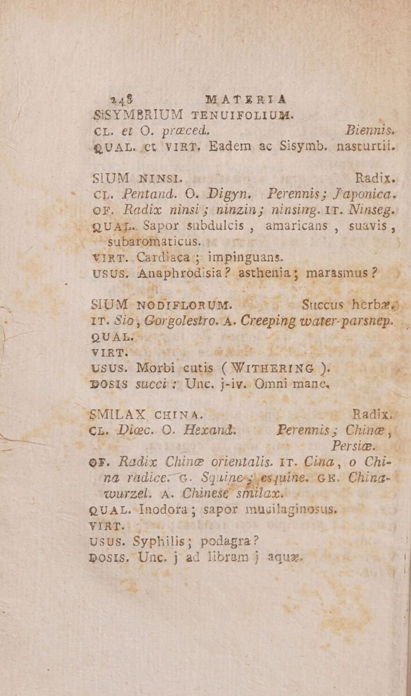 SISYTMBRIUM TENUIFOLIUM. H CL. et O. praced. Biennis. SIUM NINSI. 5: ^ Radix. CL. Pentand. O. Digyn. Perciuitg ; Faponica. OF. Radix ninsi ; ninzin ; ninsinmg. YT. INinseg. ubaroiáticus.s: (e YIRT. Pe impinguans. USUS. Anaphrod isia?. T ar aod 19 i ah m d SIUM- NODIFLORUM. | tati , Suecus herbas IT. Sio, Gor golestro.'A. orn Dii pena. a QUAL... | | | VIERTE AS C. e AX L^no suyo aw USUS. Morbi «cutis. qot aine ee ona M e OSIS succi: Unc. j-iv. Omni mane, | SMILAX CHINA. .- | reta Badixi- i Persia. A8 or. buic Chine orientalis, IT. Cina, o Chi- © na radice. c. Squin sjuine. GE. China’ wurzel. A. Chinese” s Mit Qs g s | QUAL.- E nae inte mucilaginosus, - VIRT. USUS. Syphilis; ^ podagra: ? DOSIS. Unc. j ad libram j aqua. e 4 | PL , ‘ FA