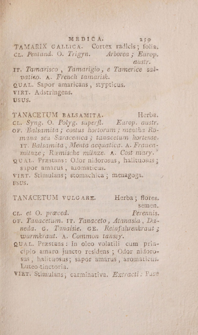 x «n Mm MEDICA. |. 259 cr. Pentand. O. Trigyn. Arborea ; Europ. | ausir. IT. Tamarisco, Tamarigio , e Tamerice sal- vatieo. A. French tamarisk. QUAL. Sapor amaricans, stypticus. USUS. TANACETUM BALSAMITA. i Herba, OF. Balsamita ; costus hortorum ; meniha Ro- mana seu Saracenica ; tanacetum hortense, IT. Balsamita , Menta acquatica. A. Frauen- minze; Remische miinze. A. Cost mary. QUAL. Prastans: Olor nidorosus, halituosus ; sipor amarus, axomaticus. VIRT. Stimulans; stomachica; menagoga. USUS. ^^^ semet. Cr. et O. praeced. Perennis. OF. Tanacetum. IT. Tanaceto , Atanasia , Da- meda. 6G, Tanaisie. GE. Reinfahrenkraut 5 — wurmkraut. A. Common tansey. cipio amaro juncto residens ; Odor nidoro- ‘sus, halituosus; sapor amarus, aromaticuse Luteo-tinctoria. VIRT. Stimulans; carminativa, Extracti: Pare
