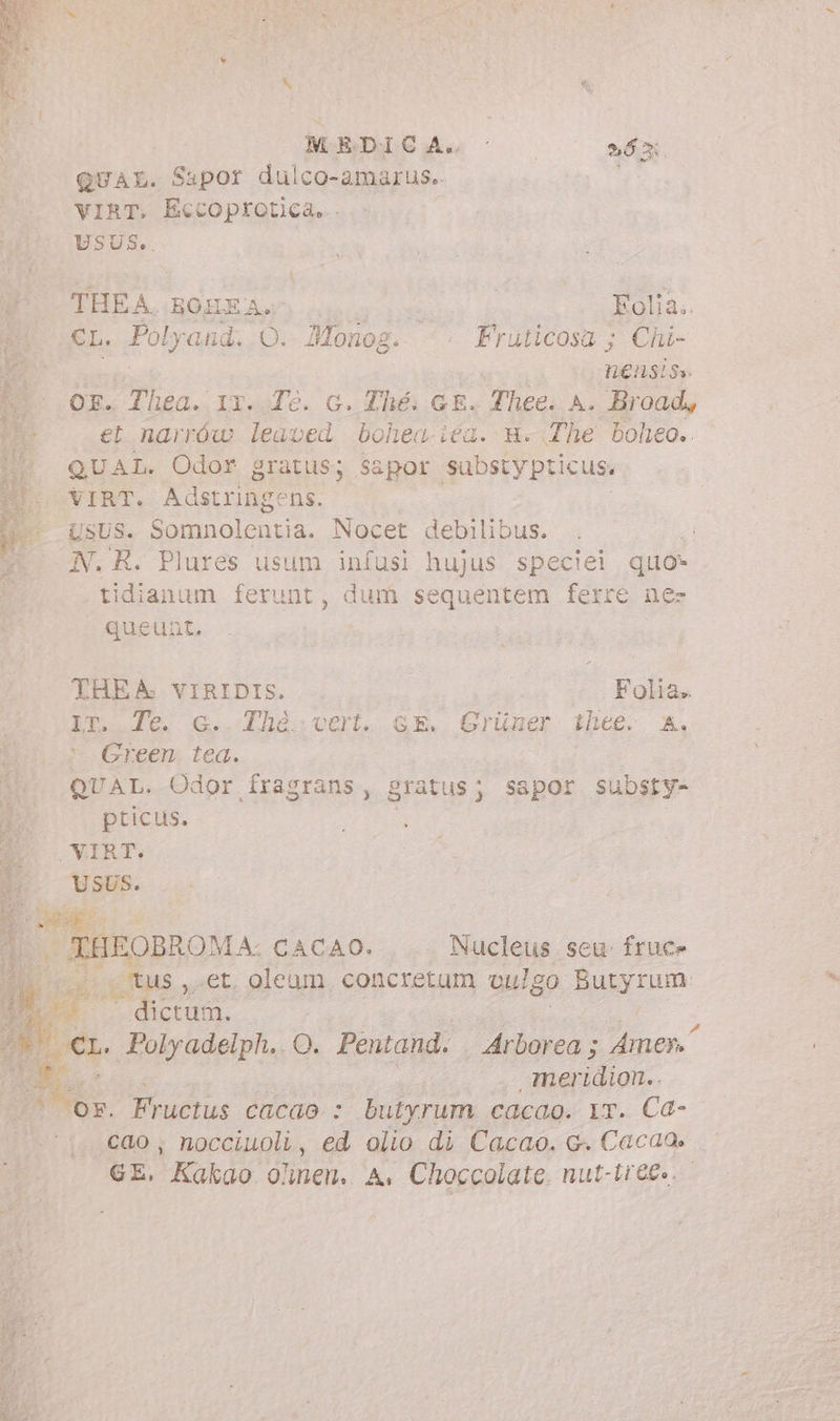 QUAL. Sapor dulco-amarus. VIRT. Eccoprotica... USUS.. THEA. BONEA. | Folia.. CL. Polyand. O. Monog Og, Fruticosa ; Chi- nensis». or. Thea. 1x. Té. G. Thé. GE. Thee. A. Broad, et narrów leaved bohea ica. H. The boheo.. QU AL. Odor gratus; sapor sabsty pticus. VIRT. Adstringens. USUS. Somnolentia. Nocet debilibus. | N. R. Plures usum infusi hujus speciei quo» tidianum ferunt, dum sequentem ferre nes queunt, THEA VIRIDIS. Folia. Lr. Je. G. Ihé:veri. GE. Gruüuer thee. A,  Green. tea. QUAL. Odor fragrans, gratus; sapor substy- pticus. | VIRT. E. USUS. Howe i; | TAROBROMA. CACAO. Nucleus seu fruce dc. Sus), «et, oleum. concretum vulgo Butyrum. S dictum. | i n e. Polyadelph.. O. Pentand. Arborea ; Amer. 2 mer idigh.. or. Fructus cacao : butyrum cacao. iT. Ca- cao ; nocciuoli, ed olio di Cacao. e. Cacaa. GE. Kakao olneu. A. Choccolate nut-trec.. —