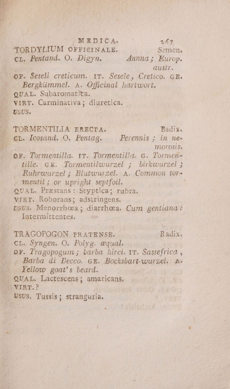TORDYLIUM OFFICINALE. emen cr. Pentand. O. Digyn. Annna; Europ. austr. OF. Seseli creticum. 1T. Sesele, Cretico. GE» s Bergkiimmel. A. Officinal hartwort. QUAL. Subaromatita. 4 VIRT. Carminativa; diuretica. E USUS. | | TORMENTILIA: ERECTA. Badix. —- €L. Icosand. O. Pentag. Perennis ; in ne- urna morosi sa or. Tormentilla. 17. Tormentilica c. Tormen- tille. ce. Tormentilwurzel ; birkwurzel ; Ruhrwurzel; Blutwurzel. A. Common tor- Tnentil ; or upright septfoil. QUAL. Prestans: Styptica; rubra. VIRT. Roborans; adstringens. Usus. Menorrhoea; diarrhoea, Cum geniiana s Intermittentes. TRAGOPOGON PRATENSE. Radix. CL. Syngen. O. Polyg. equal. ^ or. Tragopogum; barba hirci. YT. Sassefrica , ». Barba di Becco. GF. Bocksbart-wurzel, A t Fellow goat's beard. . T. ^. QUAL. Lactescens; amaricans. NS VIRT.? .. USUS. Tussis; stranguria. “