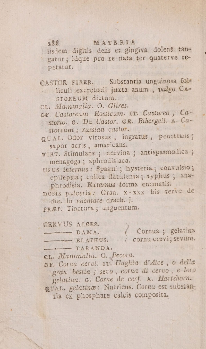 188 MATERIA j iisdem digius dens et gingiva dolens tane gatur; idque pro re nata ter quateive ree petatur. CASTOR FIBER. Substantia unguinosa fole liculi excretorii juxta anum , vulgo CA- STOREUM dictum. bd rau CL. Mammalia. O. Glires. or. Castoreum Rossicum. YT. Castoreo , Ca- storio. c. Du Castor. GE. Bibergeil. ^. Ca- storeum ; russian castor. — QUAL. Odor virosus , ingratus , penetrans; sapor acris, amaricans. ! YIAT. Stimulans ; nervina ; antispasmodica ; menagoga ; aphrodisiaca. USUS internus: Spasmi; hysteri&amp;; convulsio; epilepsia; colica flatulenta; typhus ; ana- phrodisia. Externus forma enematis. nOsts pulveris: Gran. x-xxx bis terve de die. In enemate drach. ]. PREP. Tinctura ; unguentum. CERVUS ALCES. Y 1j ——- DAMA. ( Cornus; gelatina ———— ELAPHUS. ( cornu cervi; sevum. —- TARANDA. | €L. Mammalia. O. Pecora. or. Cornu cervi. 17. Unghia d’Alce , o della gran bestia ; sevo , corna di cervo , e lora | gelatina. G. Corne de cerf. A. Hartshorn. | guar. gelatine: Nutriens. Cornu est substan- tia ex phosphate calcis composita.