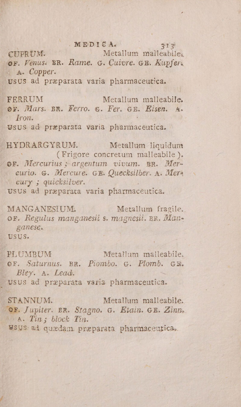 UN | MEDICA. | 41$ . CUPRUM. Metallum malleabile: vor. Venus: ER. Rame. G. Cuivre. GE. Kupfer. in A. Copper. | USUS ad preparata varia pharmaceutica. : FERRUM Metallum malleabile, . er. Mars. BR. Ferro. &amp;. Fer. Gg. Eisen. A. FE fron. USUS ad praparata varia ernia HYDRARGYRUM., Metallum liquidum É i ( Frigore concretum malleabile ). - or. Mercurius ; argentum vivum. BR. /Mer- curio. €. Mercure. GE. Quecksilber. A. Mera cury 5; quicksilver. USUS ad preparata varia pharmaceut 1Ca. MANGANESIUM. . Metallum fragile.. OF. Regulus manganesii s. magnesit. Br. Man ganese.. USUS. | | PLUMBUM Metallum malleabile, | OF. Saturnus. BR. Piombo. &amp;. Plomb. GR. E Bley. A. Lead. ^ USUS ad preparata varia Pheemicaatics. : STANNUM. Metallum malleabile, Tor. Jupiter. BR. Stagno. G. Etain. GE. Zinn. vA. Tin; block f. U5U$S-ad quedam preparata Vitarhile carica.